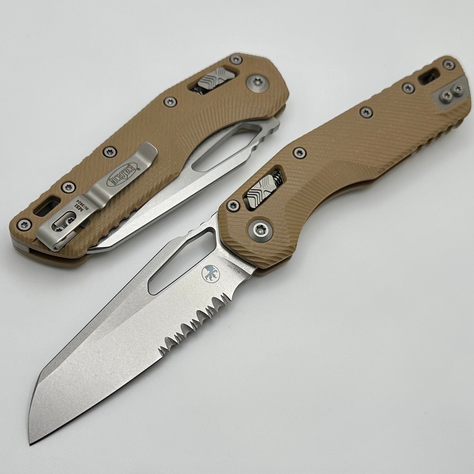 Microtech Knives MSI RAM LOK Tan Fluted G-10 & Partial Serrated Stonewash M390MK 210-11FLGTTA