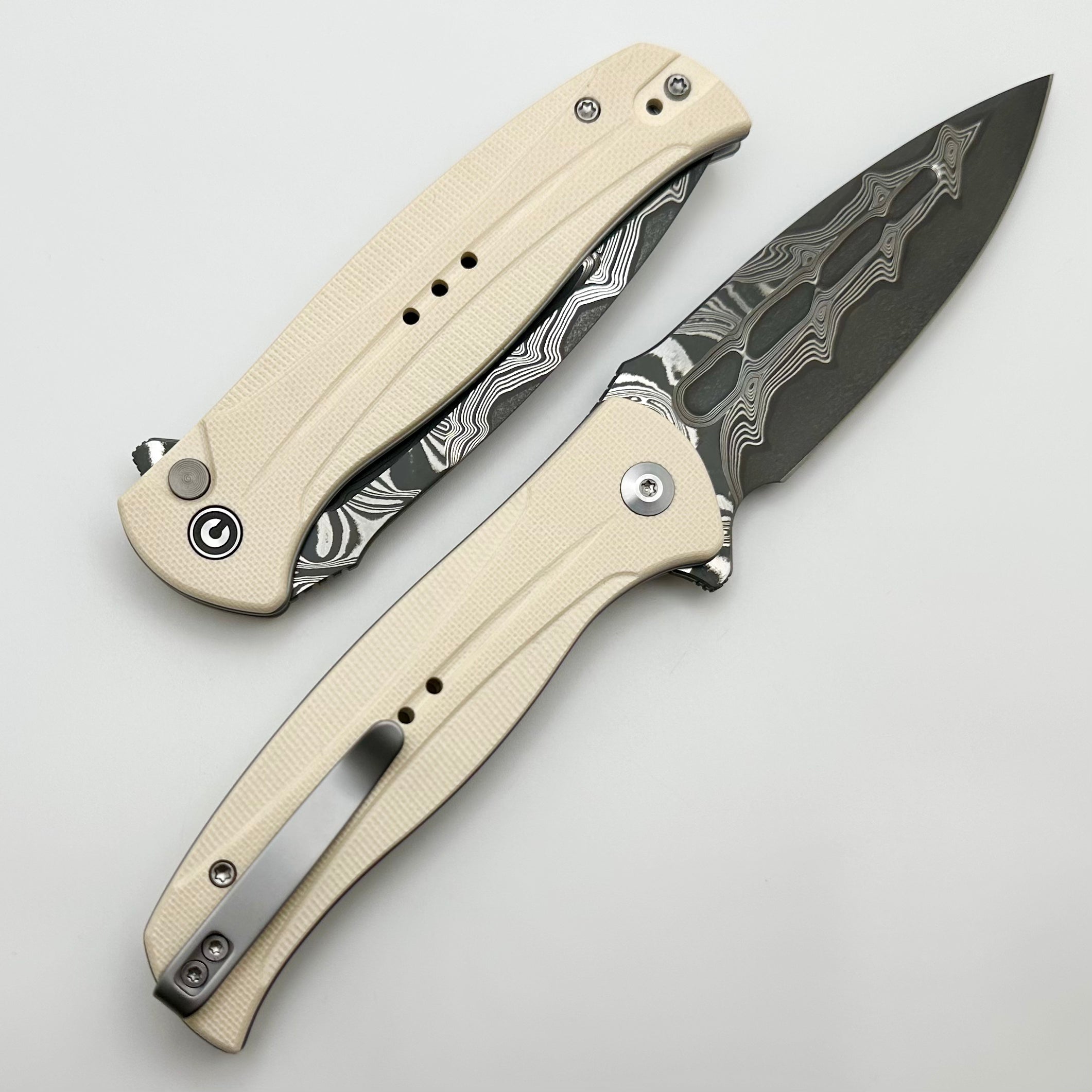 Civivi Incindie Button Lock Flipper w/ Ivory/White G-10 Handles & Damascus C23053-DS1