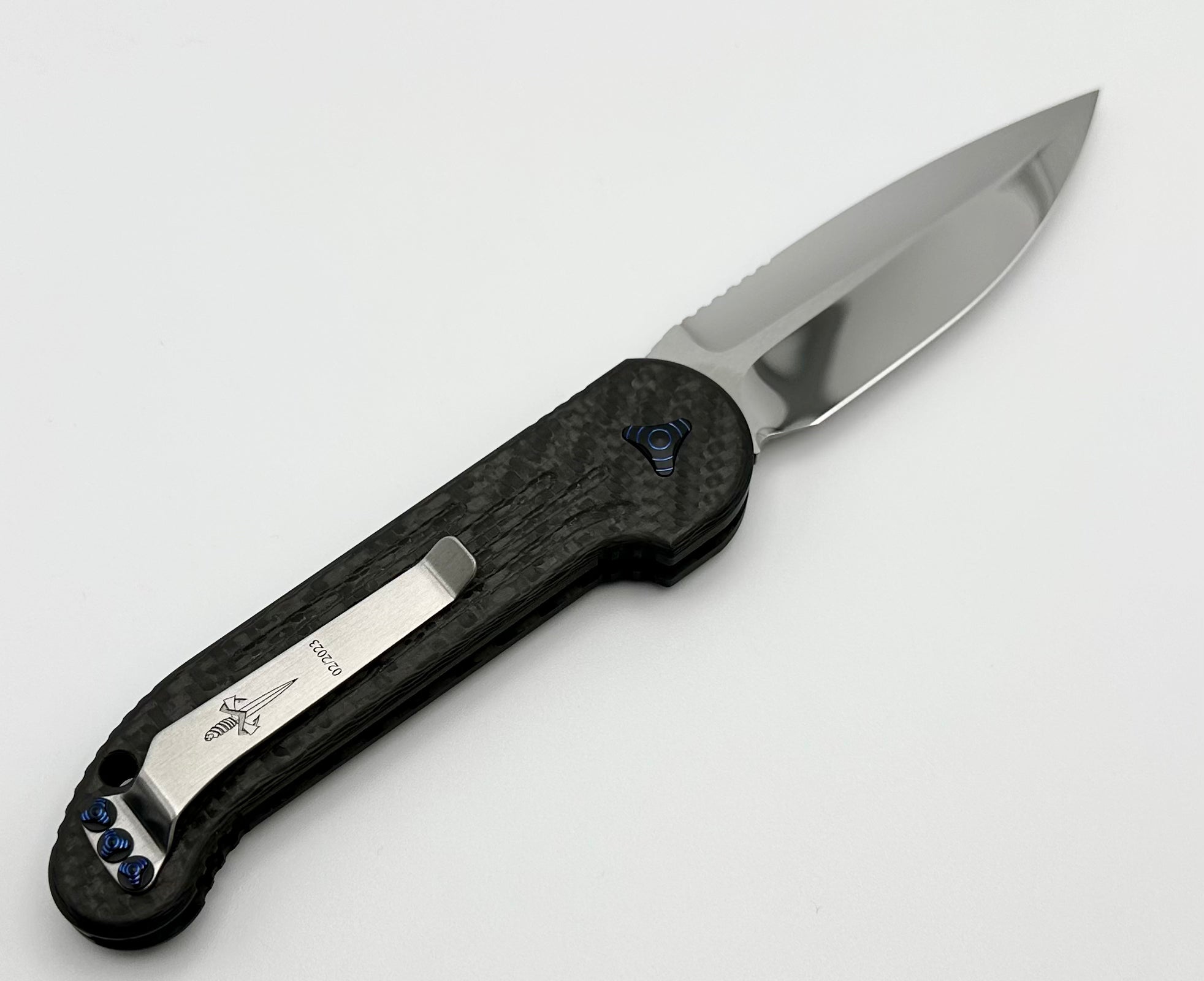 Marfione Custom Knives LUDT Mirror Polish w/ Carbon Fiber & Blue Ringed Hardware