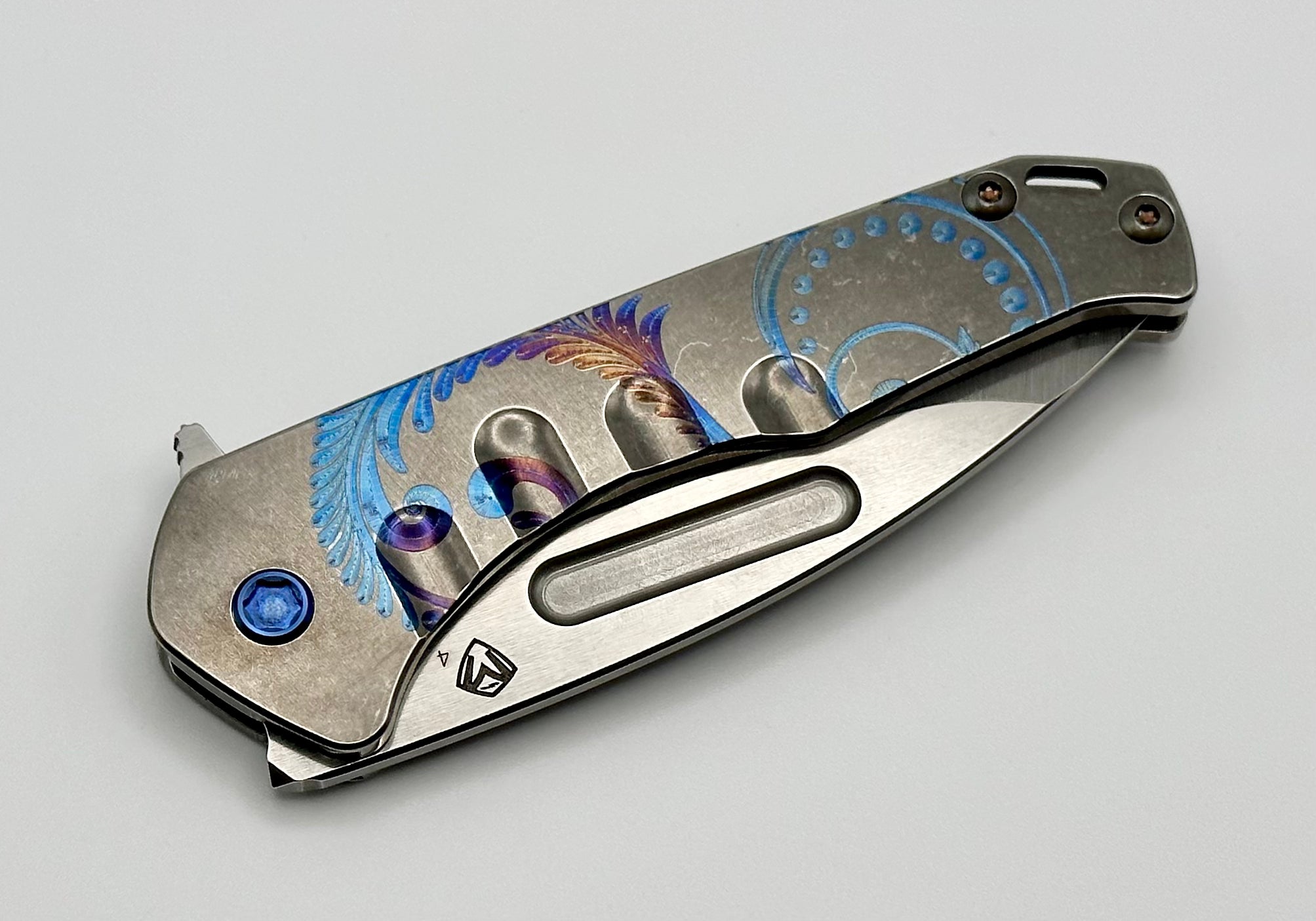 Medford Praetorian Slim Flipper S45VN Tumbled Drop Point & Tumbled Roman Laurel Leaf Handles w/ Blue Hardware/Clip