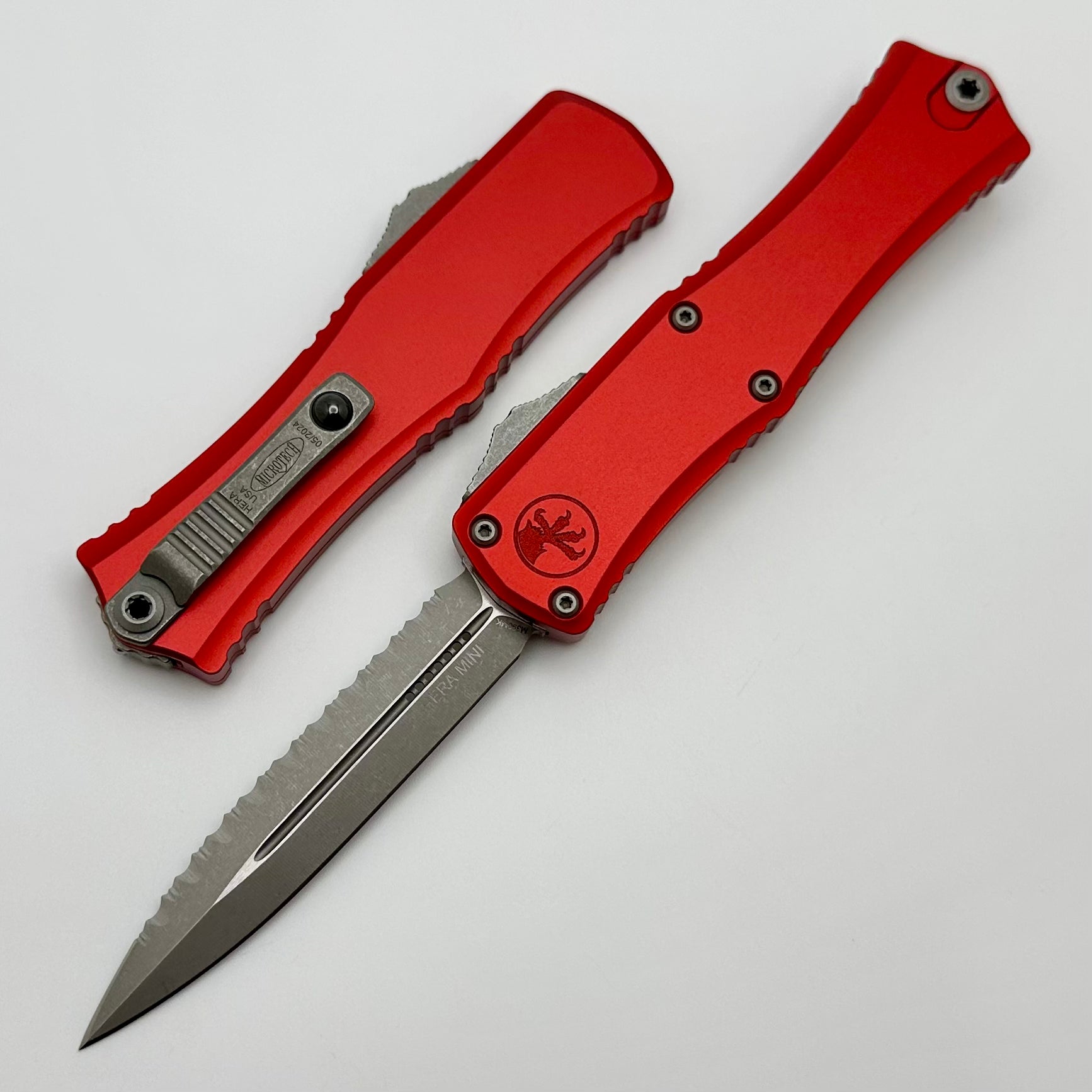 Microtech Knives Mini Hera Apocalyptic Full Serrated Double Edge M390MK w/ Red Handle 1702M-12APRD