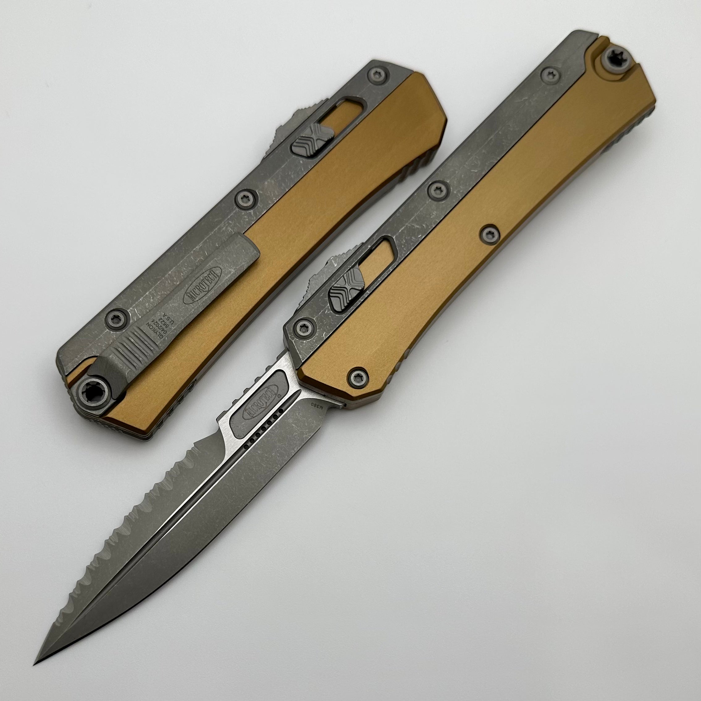 Microtech Glykon Apocalyptic Partial Serrated Bayonet w/ Tan Handle 184-11APTA