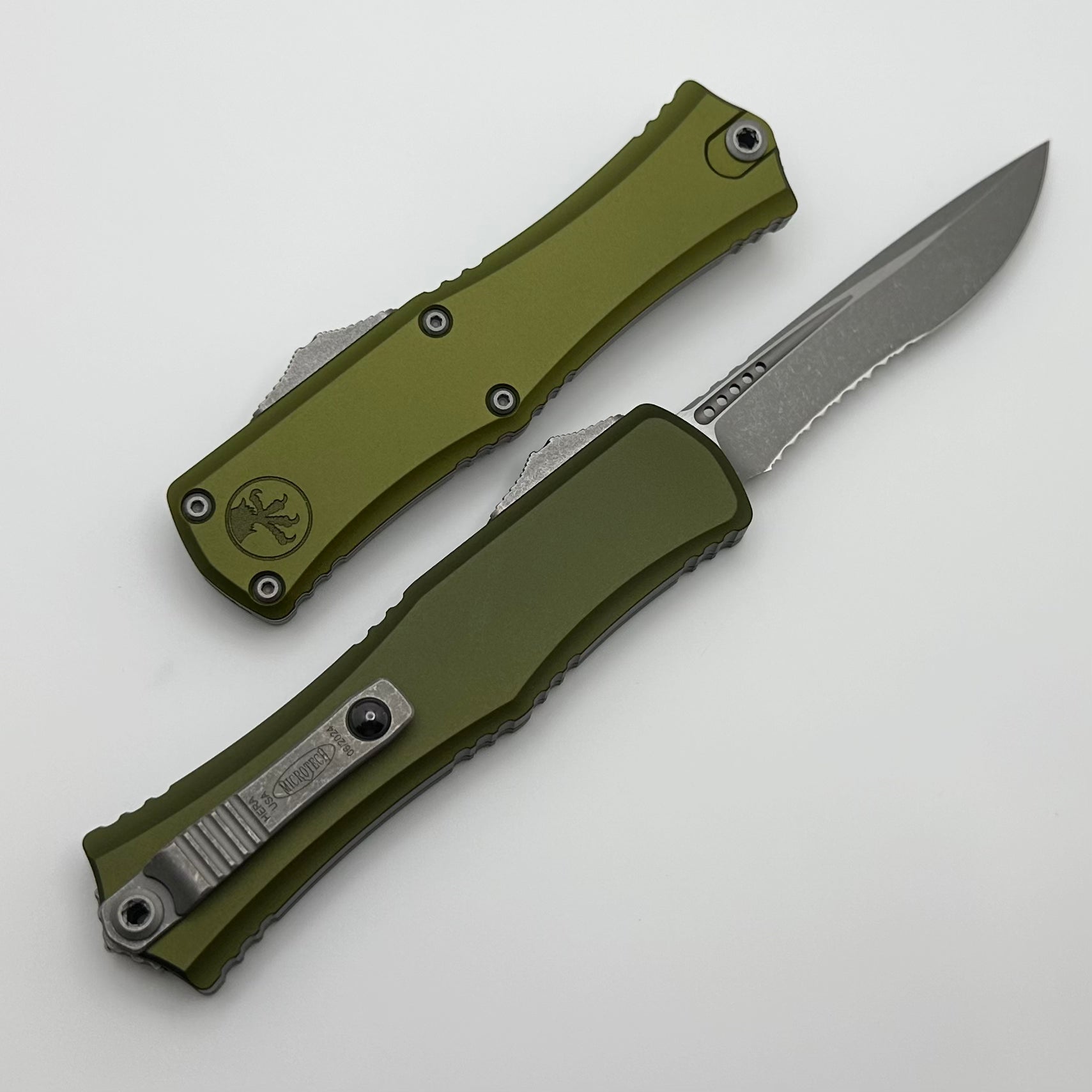 Microtech Knives Hera II Mini Apocalyptic Partial Serrated Recurve M390MK w/ OD Green Handle 1705M-11APOD