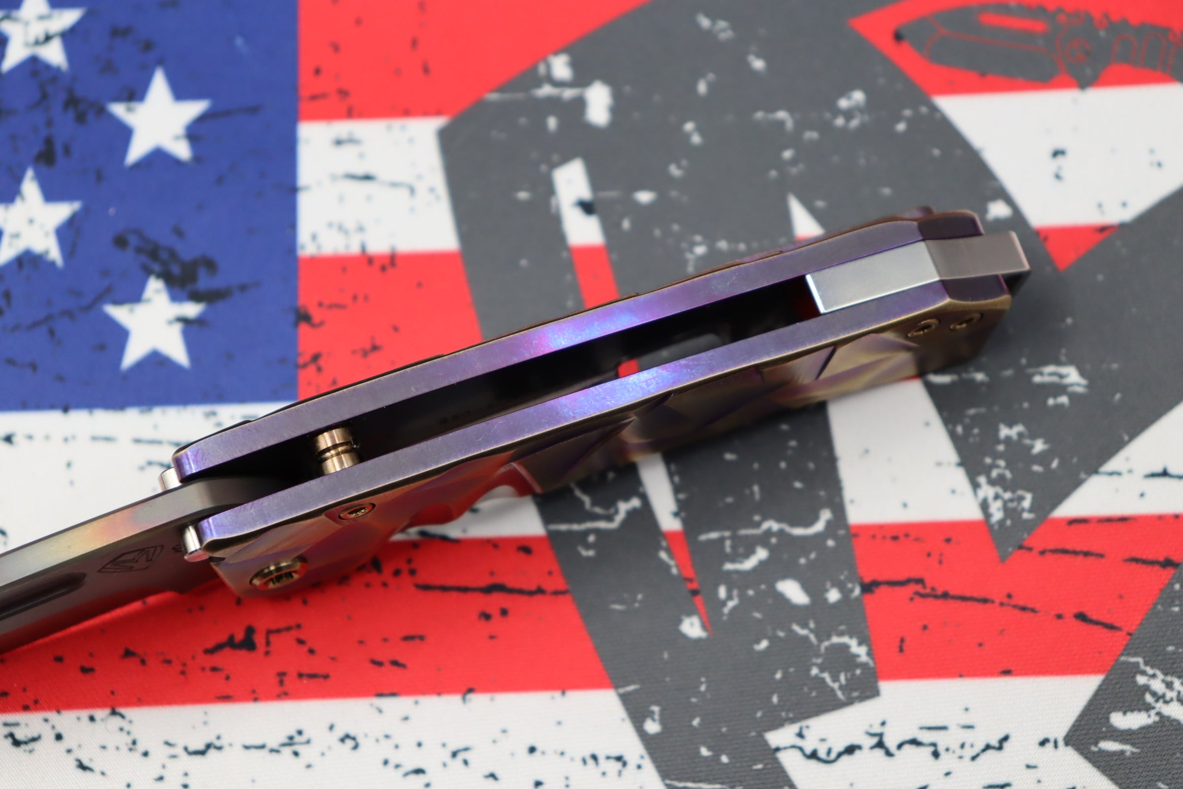 Medford Midi Marauder Vulcan S35 Drop Point & Violet w/ Bronze Stained Glass Sculpted Handles w/ Bronze Hardware/Clip