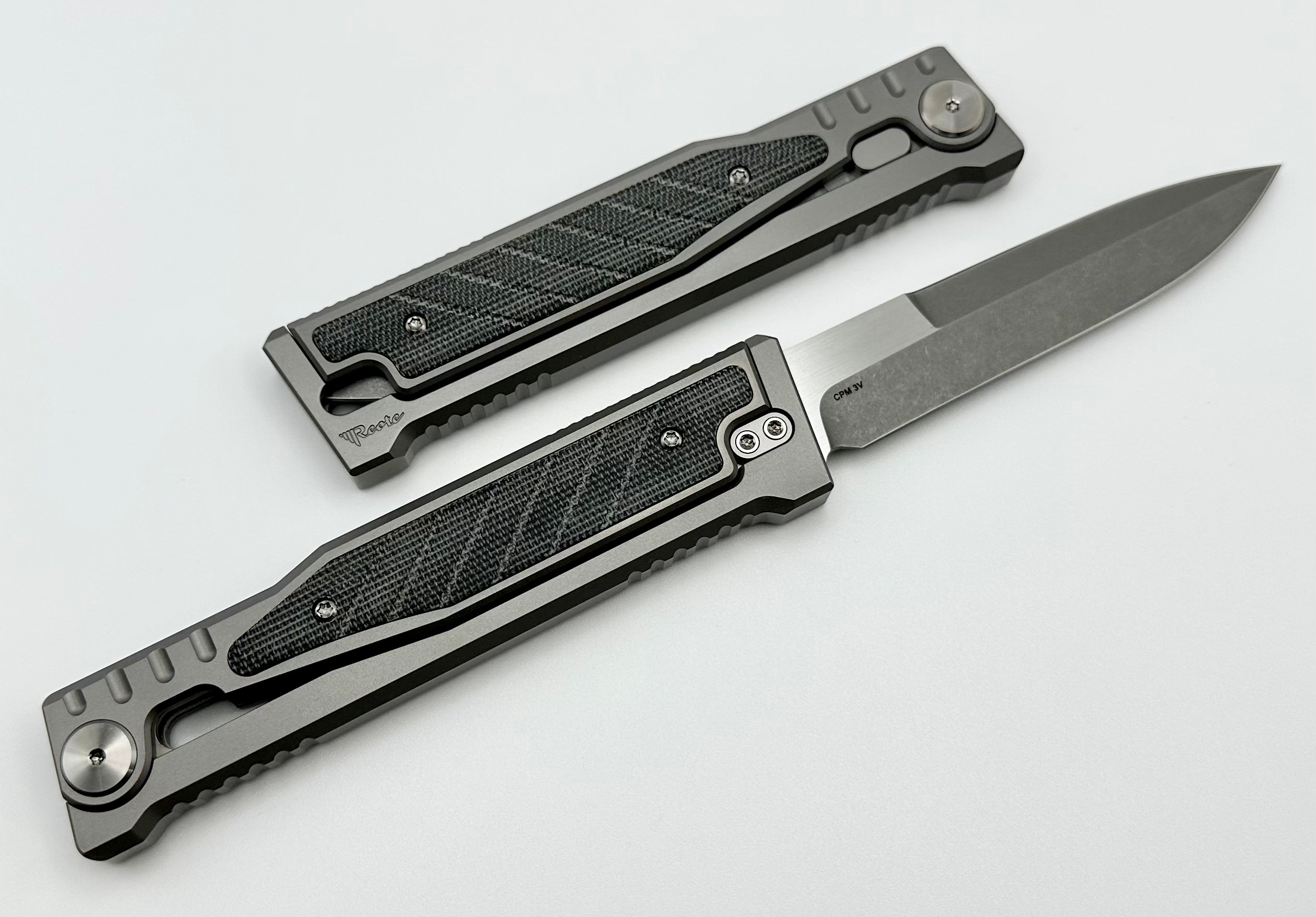 Reate EXO Exoskeleton Design Titanium/Black Micarta & CPM-3V Double Edge