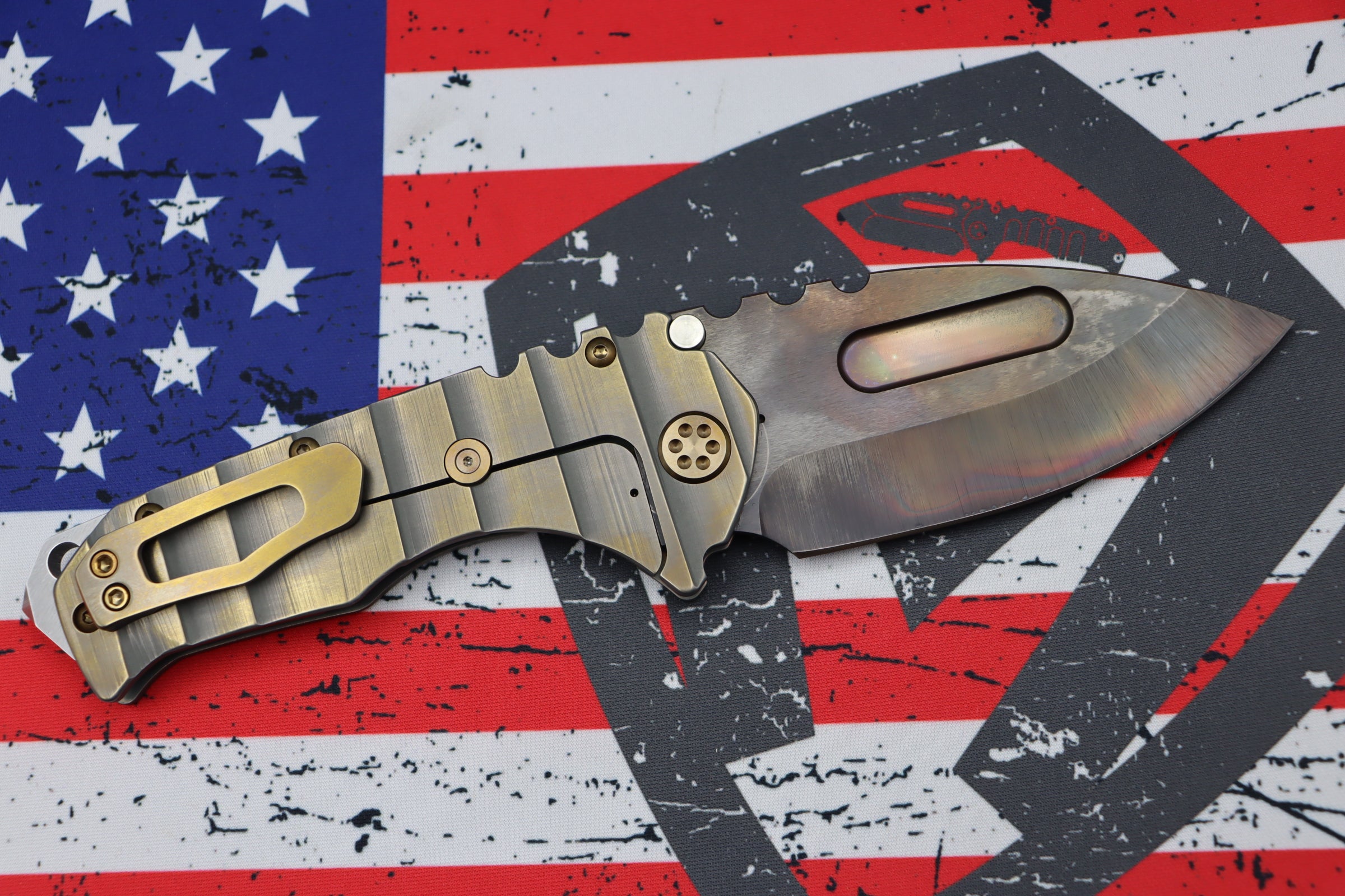 Medford Knife Praetorian T 3V Vulcan Drop Point w/ Cement/Bronze Armadillo Sculpted Handles