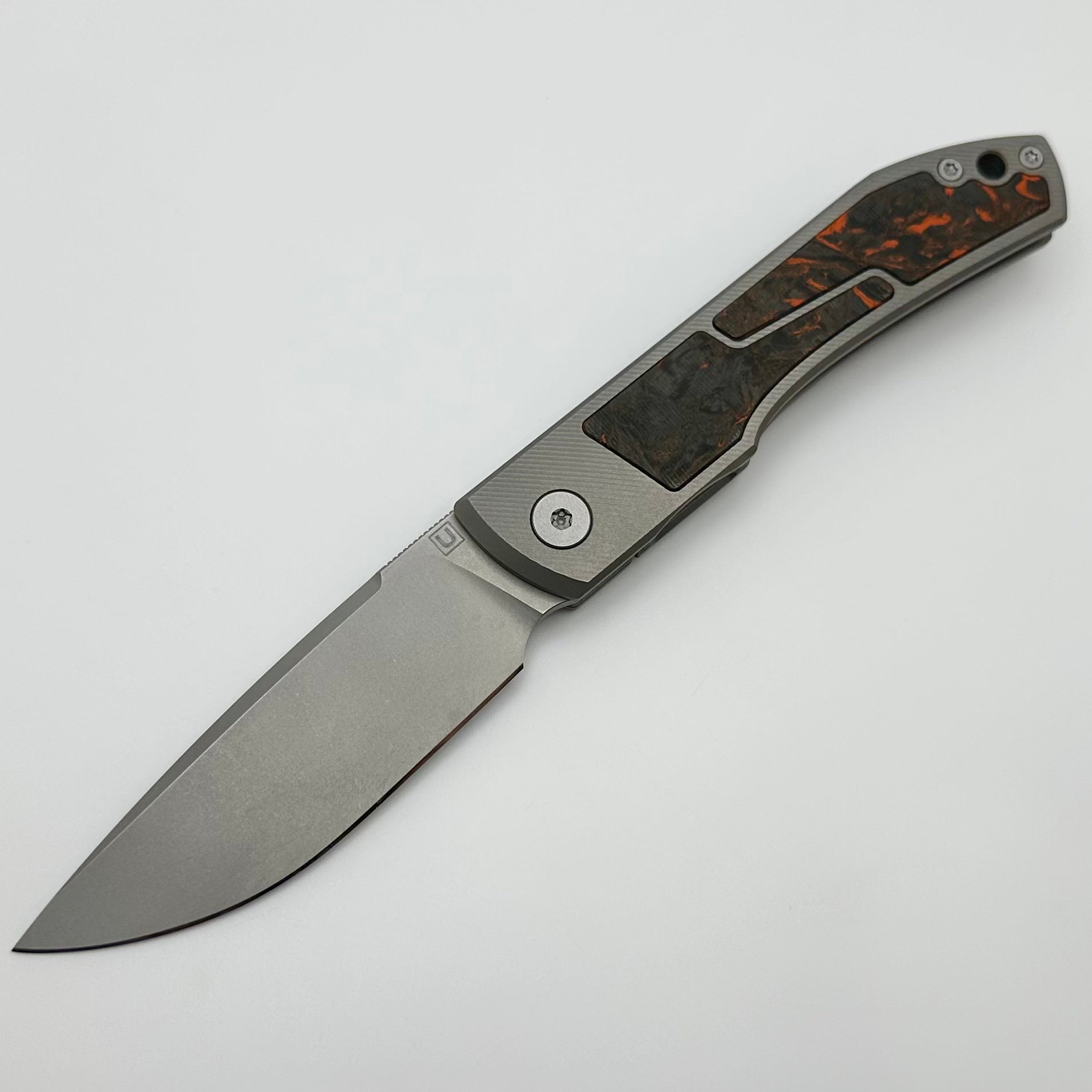 Uldanov Custom Knives Sierra w/ Milled Titanium/Orange Dark Matter Carbon Fiber Inlays & MagnaCut Front Flipper #73