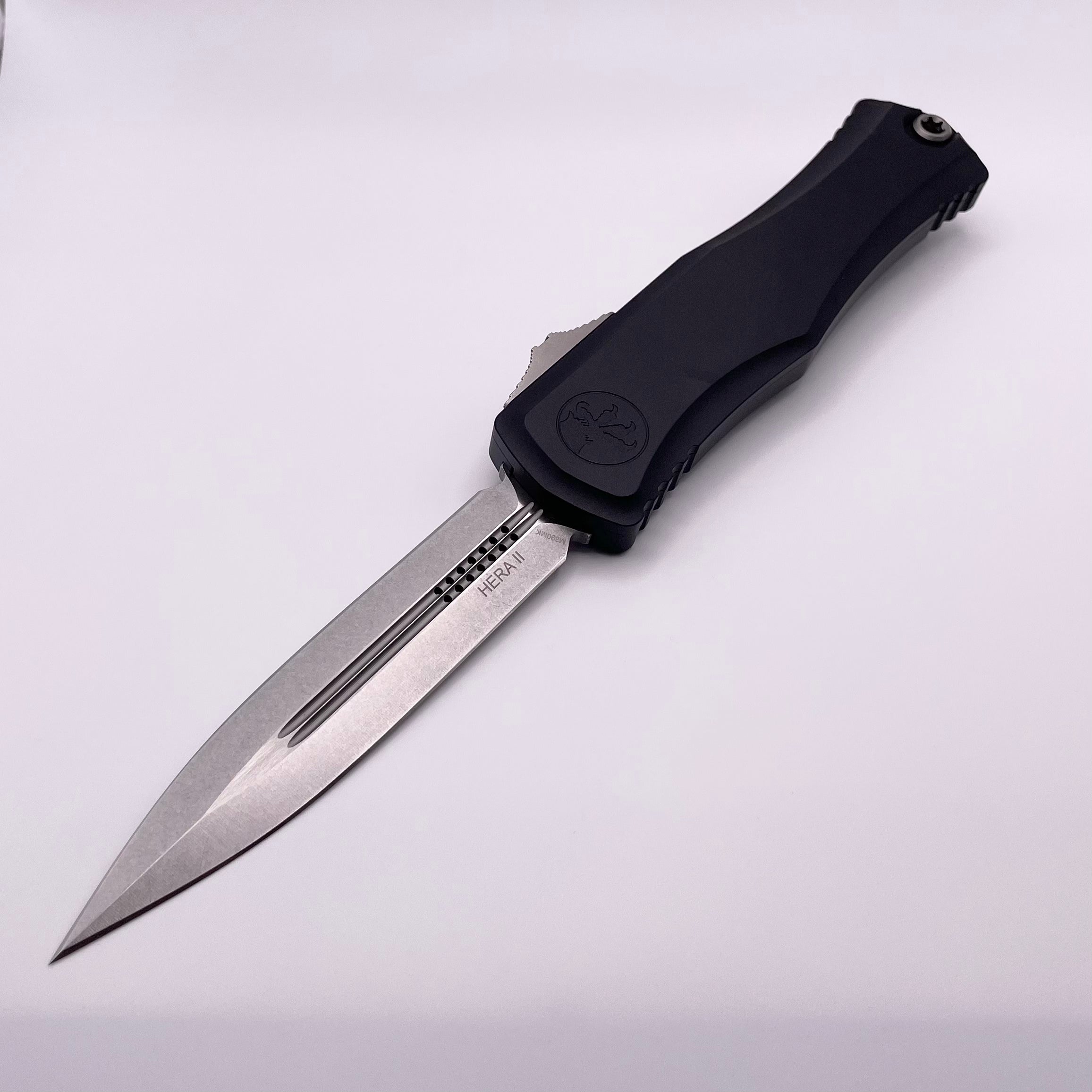 PRE OWNED Microtech Knives Hera II Stonewash Double Edge w/ Black Handle 1702-10