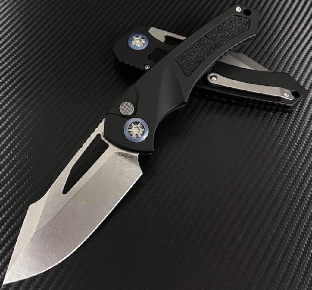 Heretic Knives Pariah M/A Button Lock Black Aluminum Handles w/ Stonewash MagnaCut H046-2A