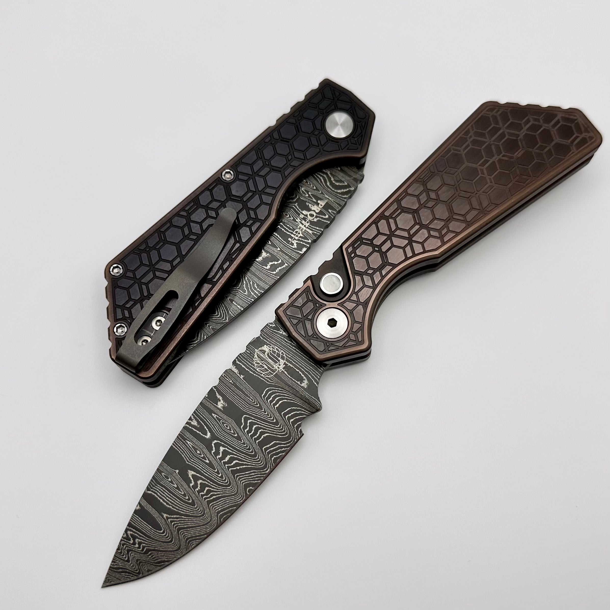 Pro-Tech PT Plus Antique PVD 17-4 Handle w/ Mother of Pearl Button & Nichols Damascus Blade 2023 Strider PT+ 007