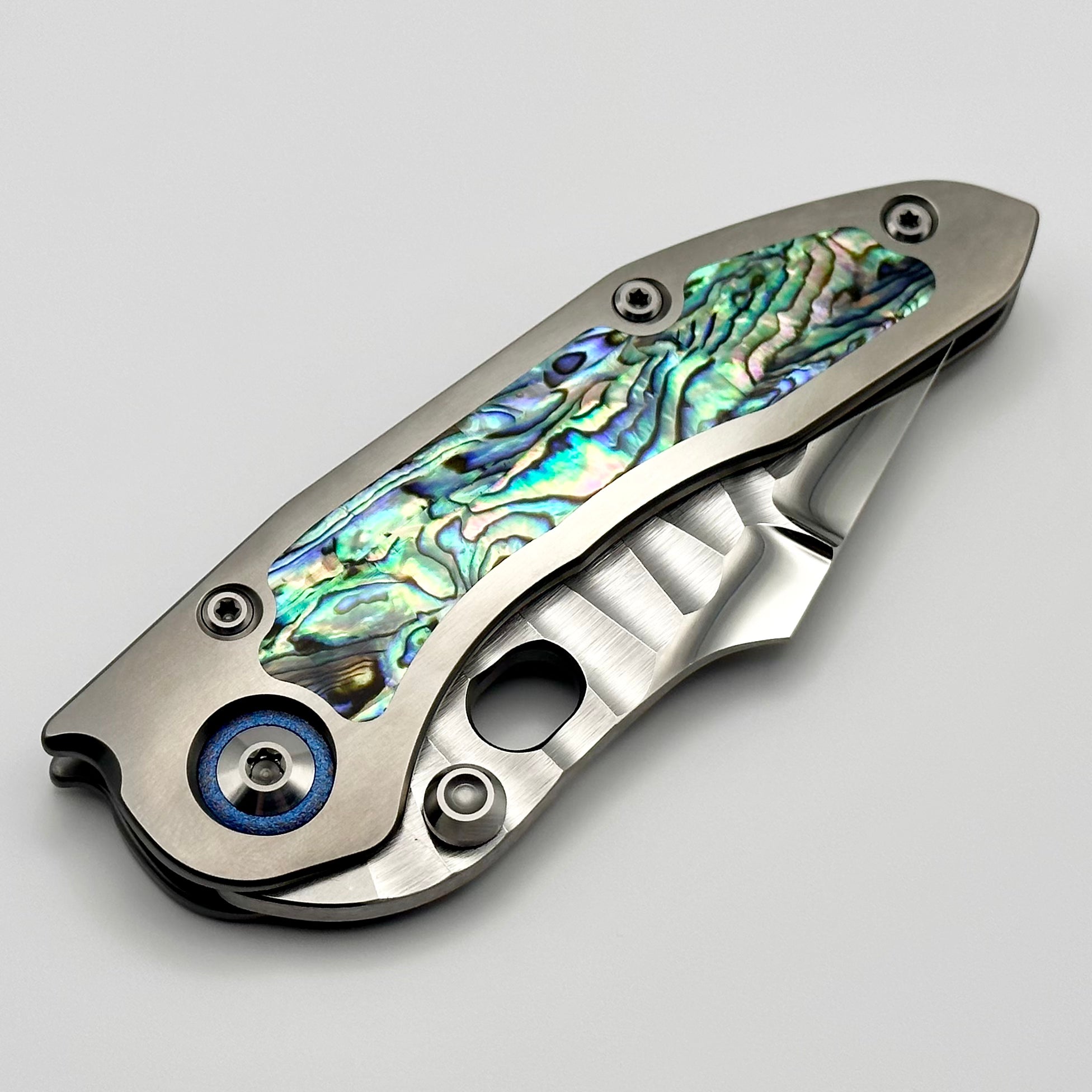 Marfione Custom Knives & Borka Blades Stitch w/ Diamond Wash Rocked Double Star Grind M390 & Abalone Inlaid Titanium