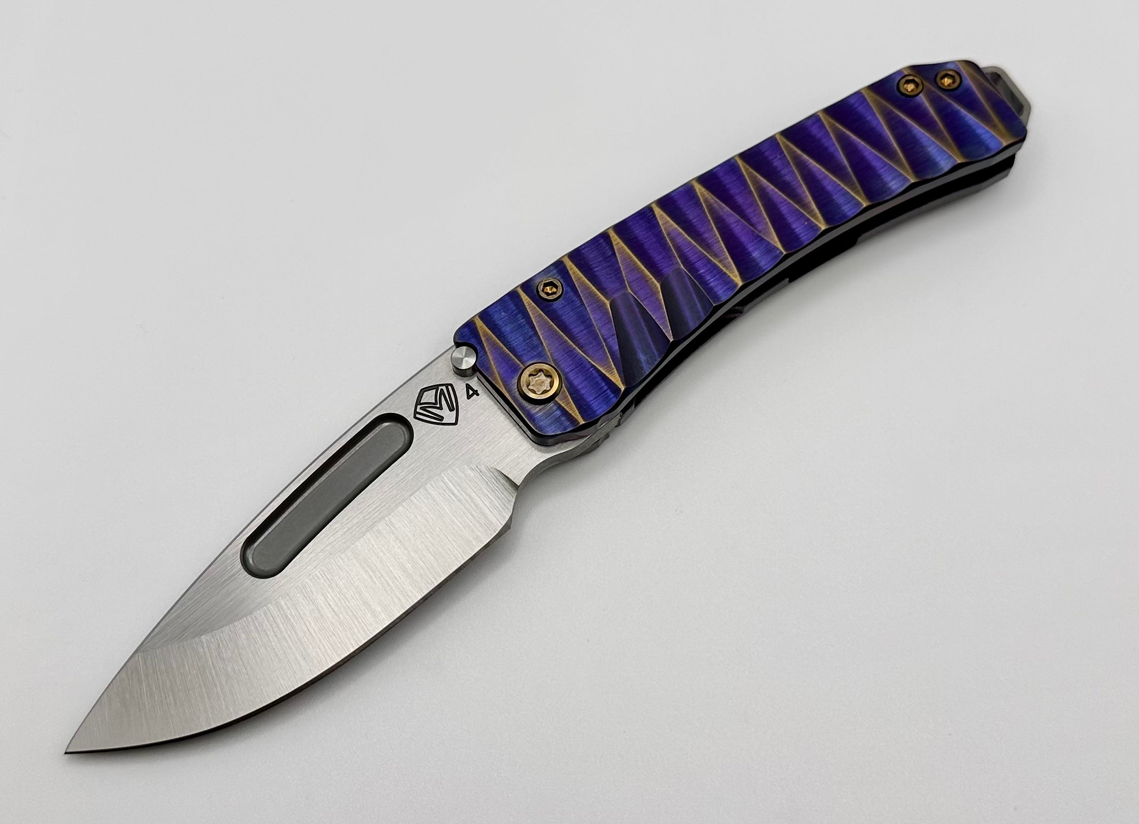 Medford Midi Marauder S45 Tumbled Drop Point & Violet/Bronze Lightning Sculpted Handles w/ Bronze Hardware/Clip