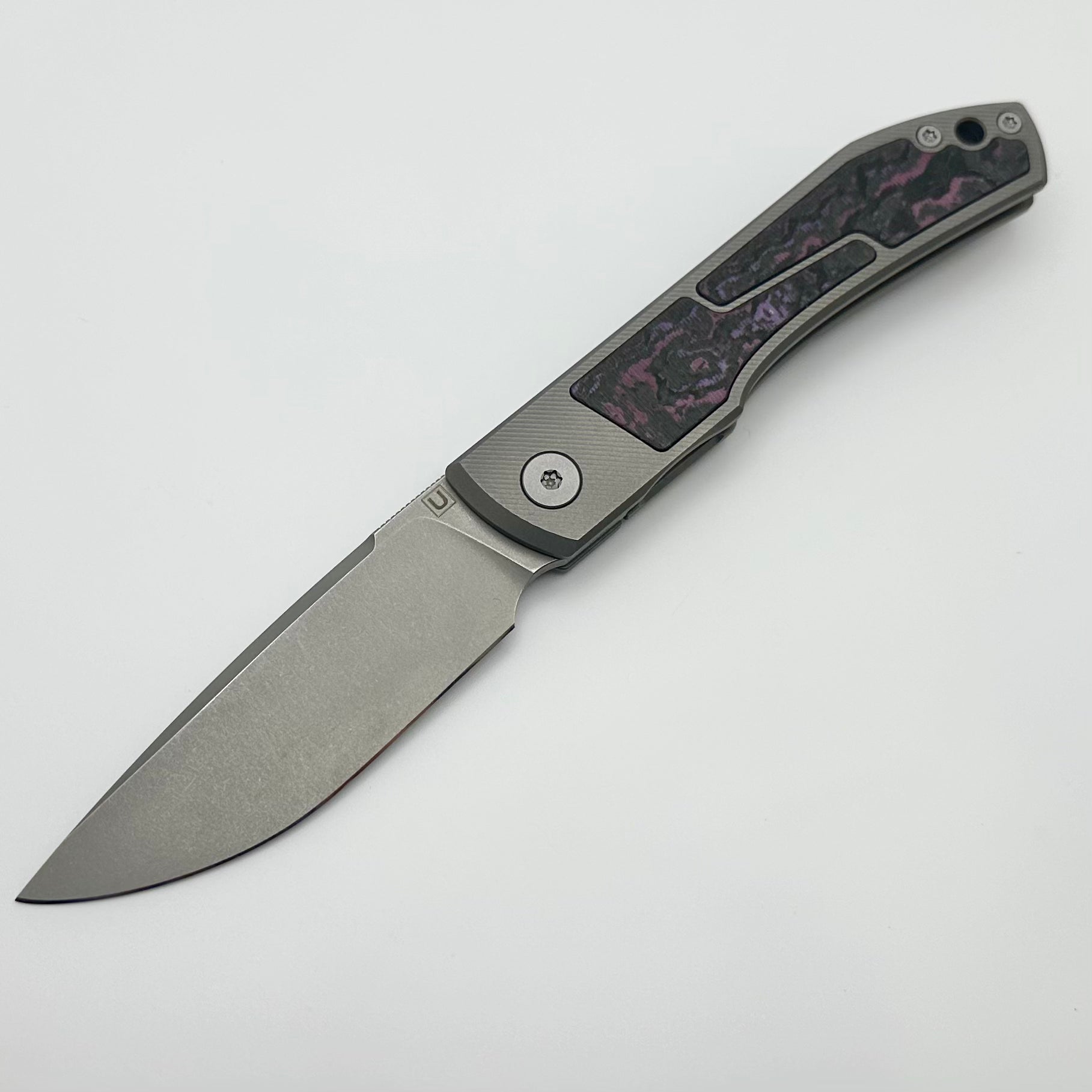 Uldanov Custom Knives Sierra w/ Milled Titanium/Purple Haze Carbon Fiber Inlays & M398 Front Flipper #69