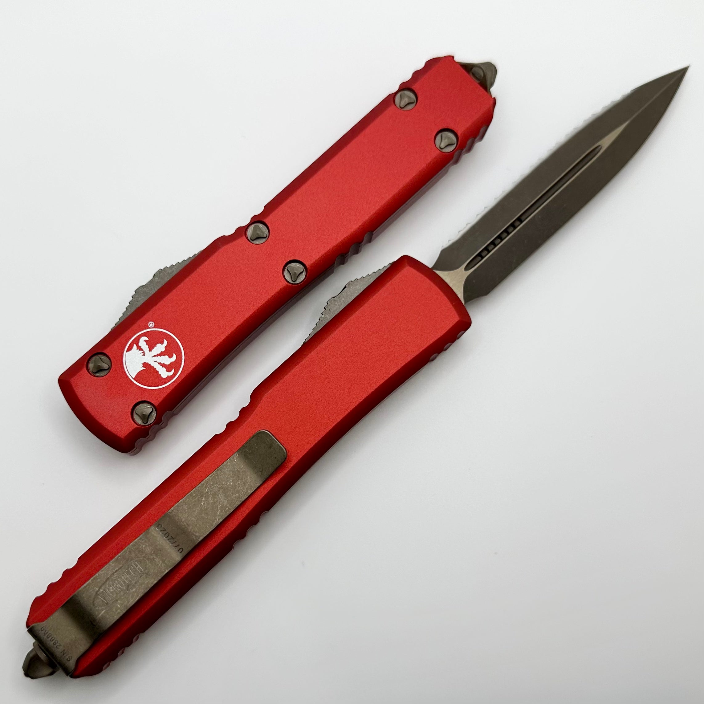 Microtech Ultratech w/ Double Edge Full Serrated Apocalyptic Bronze & Red 122-15APRD