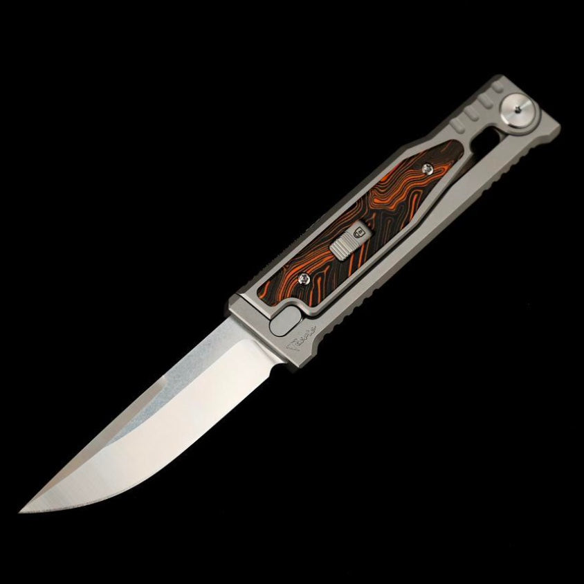 Reate EXO M Orange/Black Damascus Pattern G-10 & Satin/Stonewash Drop Point