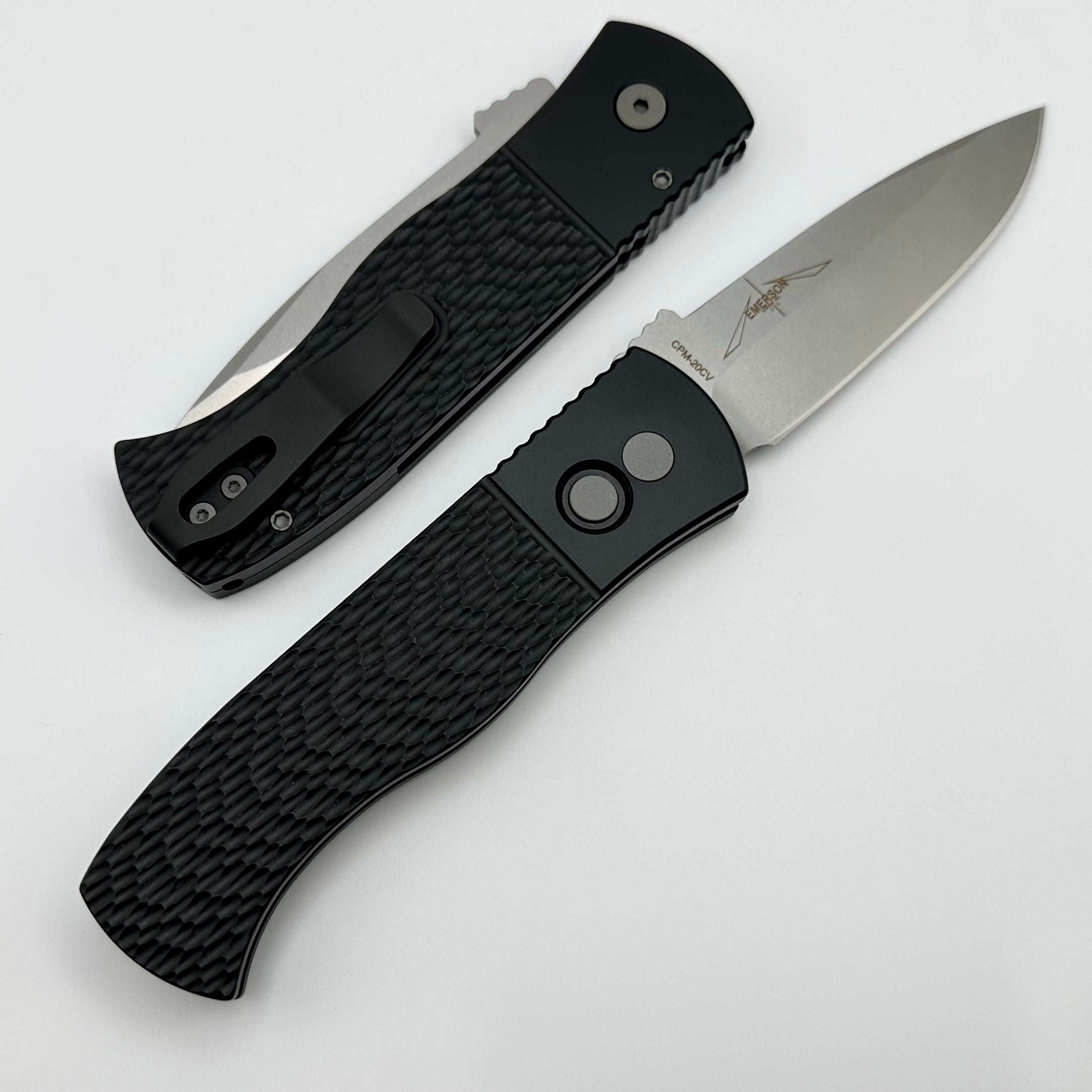 Pro-Tech Emerson CQC7 Auto Left Hand Textured Black Handle w/ Stonewash 20CV E7A05-LH-20CV