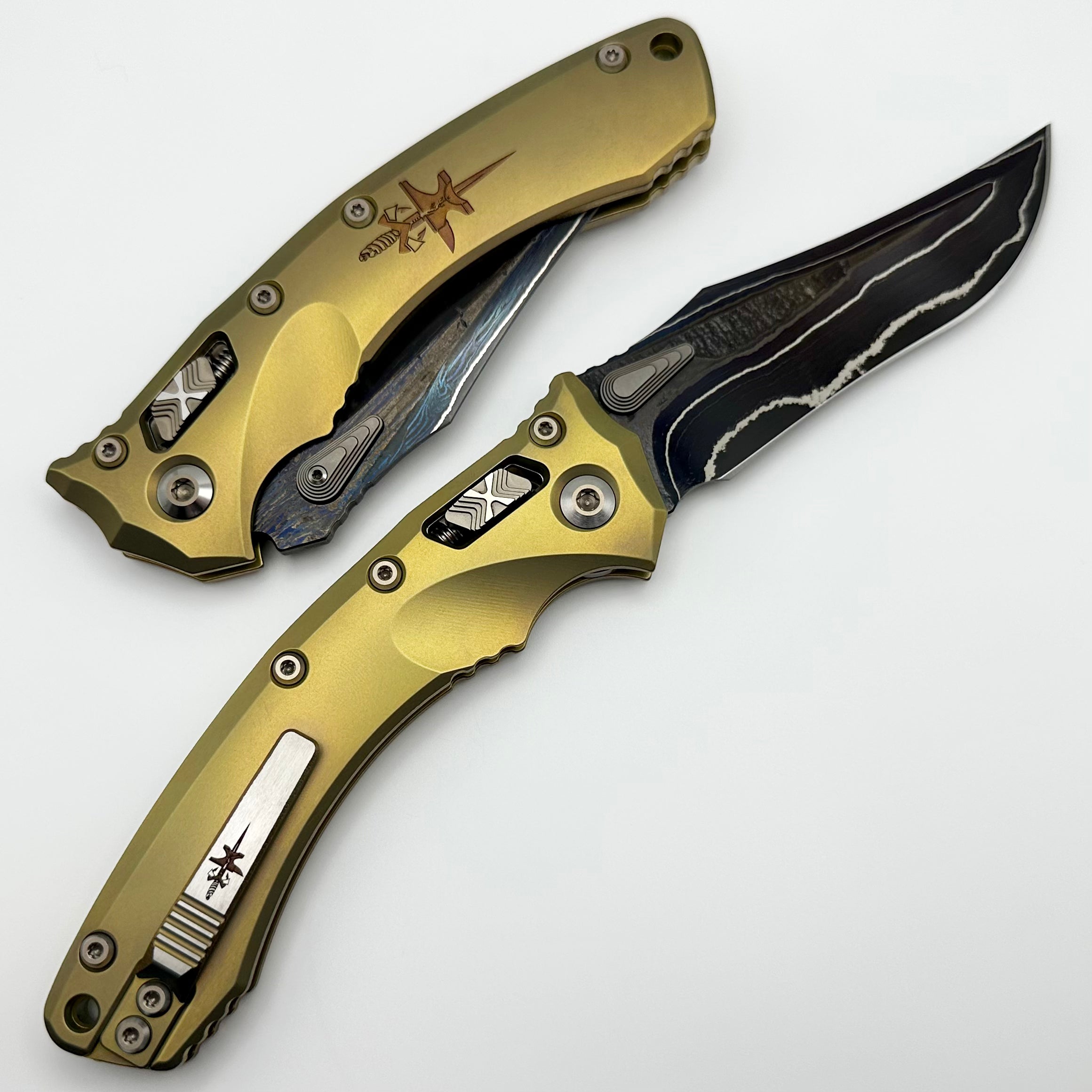 Marfione Custom Knives Amphibian RAM-LOK Metroid Sanmai w/ Nickel Shim Broken Anvil Damascus & Sovereign Gold Stippled Titanium w/ Joint Logo Dagger Engraved & Two Tone Bronzed Hardware