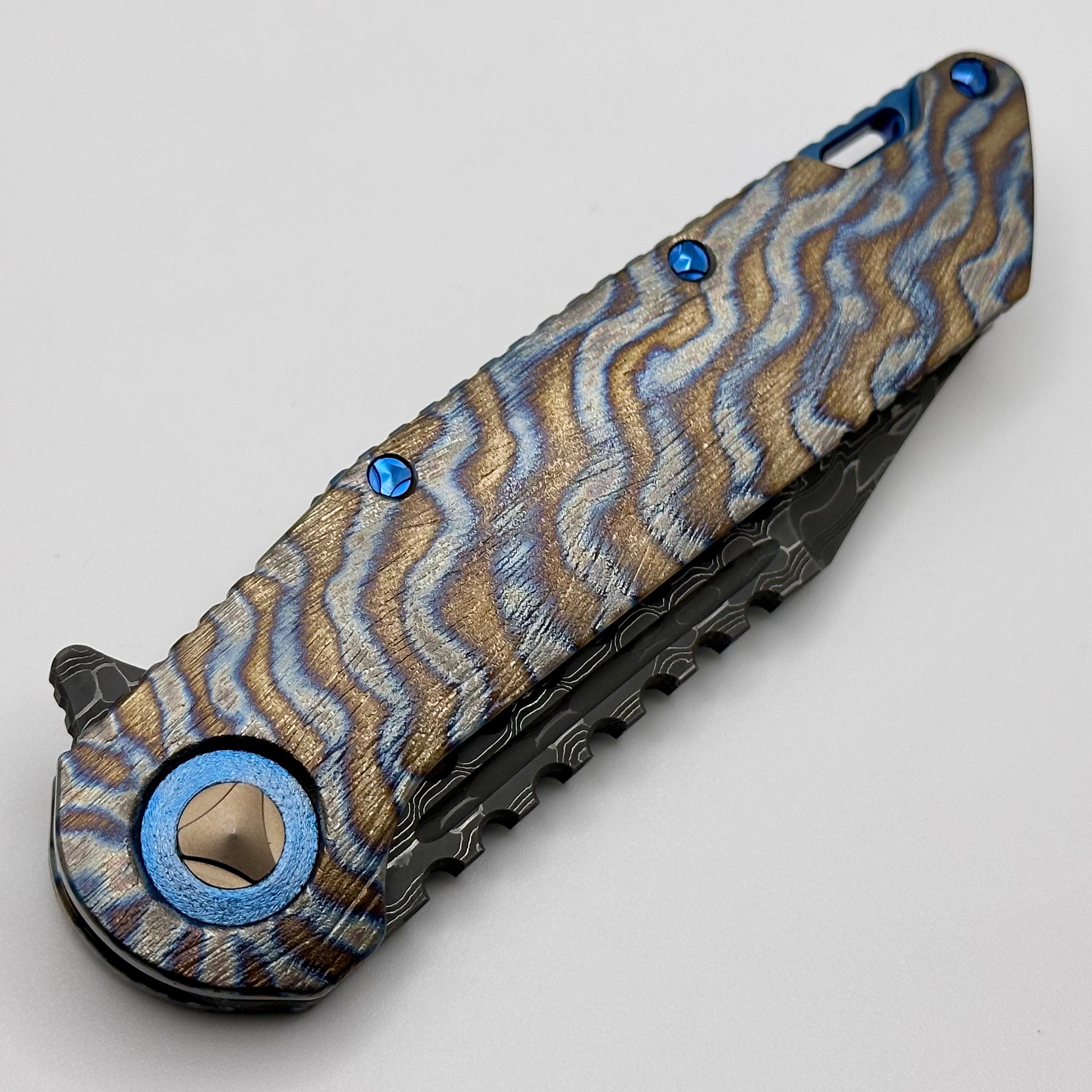 Marfione Custom Knives Warhound Flamed Barked Titanium w/ Blue Ti Hardware & Vegas Forge Stainless Reptilian Damascus Pattern #2