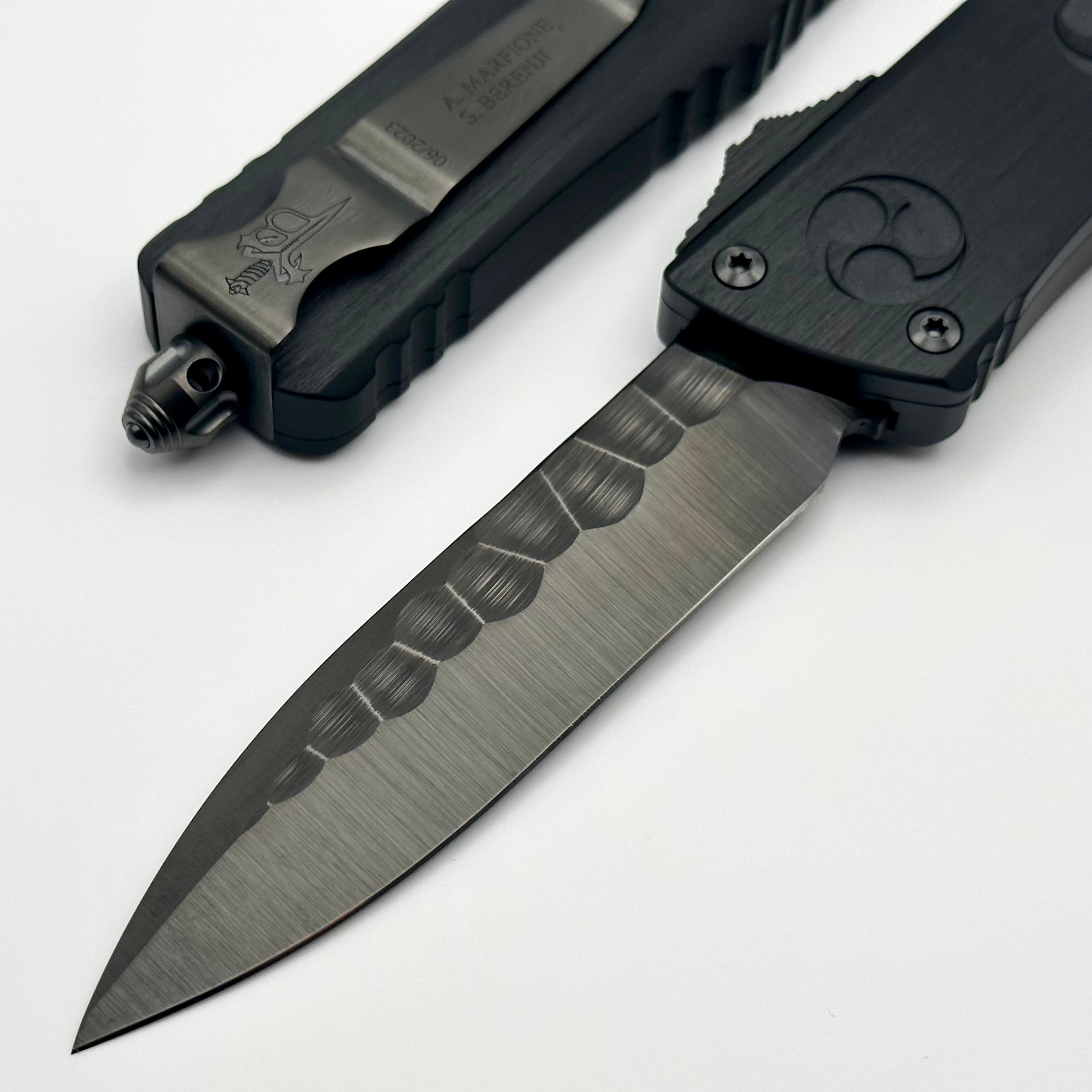 Marfione Custom Knives & Borka Blades Combat Troodon O-YARI DLC Rock Grind Chisel Single Edge w/ Carbon Fiber Button