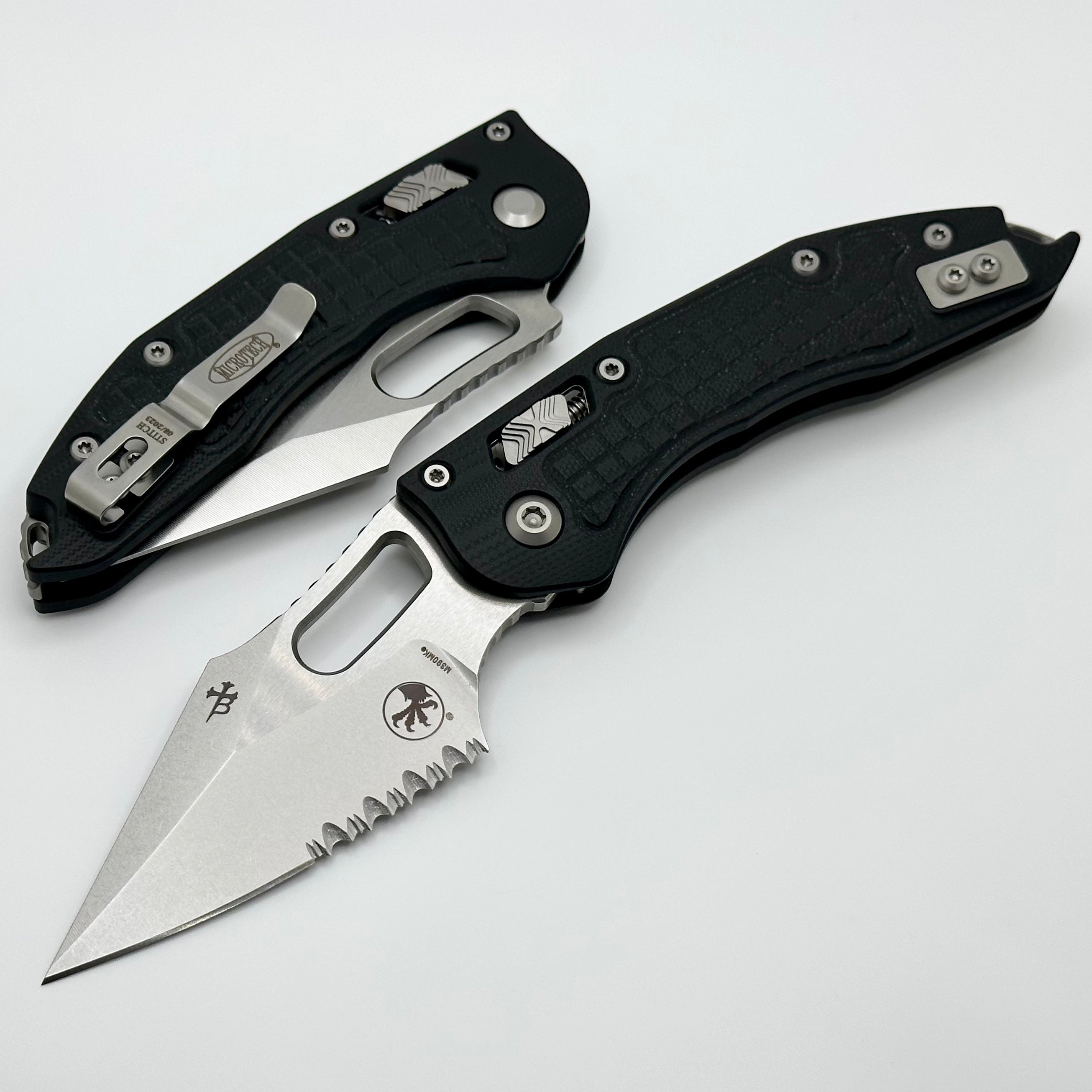 Microtech Knives Manual Stitch RAM LOK Frag Black G-10 & Partial Serrated M390MK 169RL-11FRGTBK