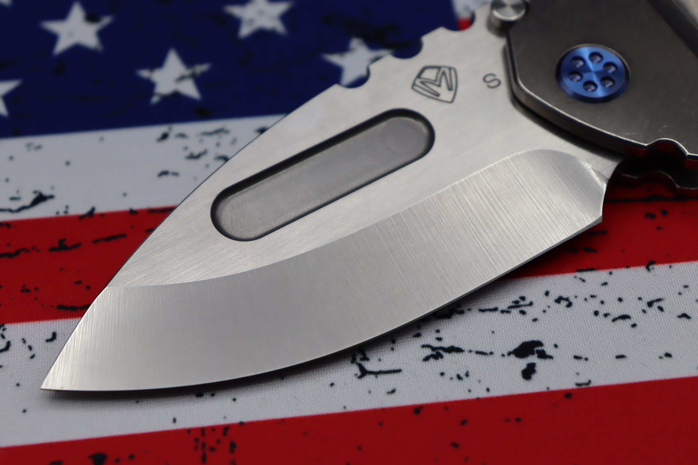 Medford Knife Praetorian T Drop Point Tumbled S35 & Tumbled Handles w/ Blue Hardware/Clip