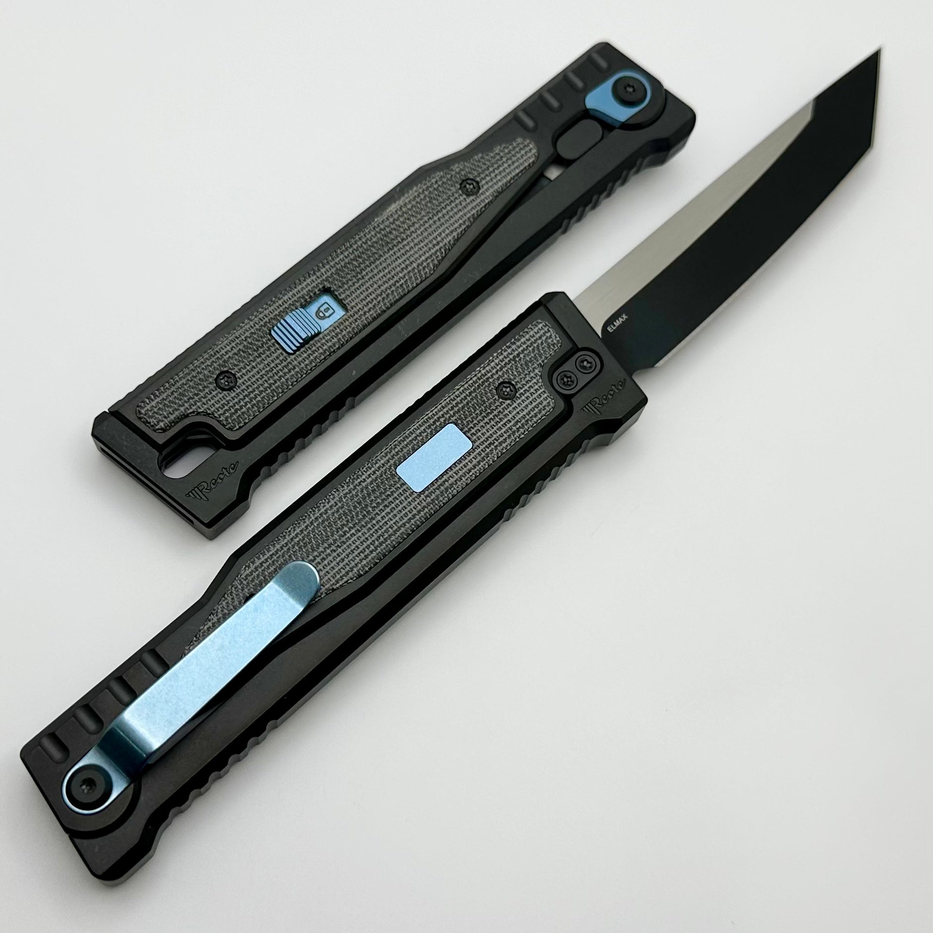 Reate EXO Exoskeleton Design V2 Black Micarta & Two Tone Black PVD Tanto w/ Blue Accents