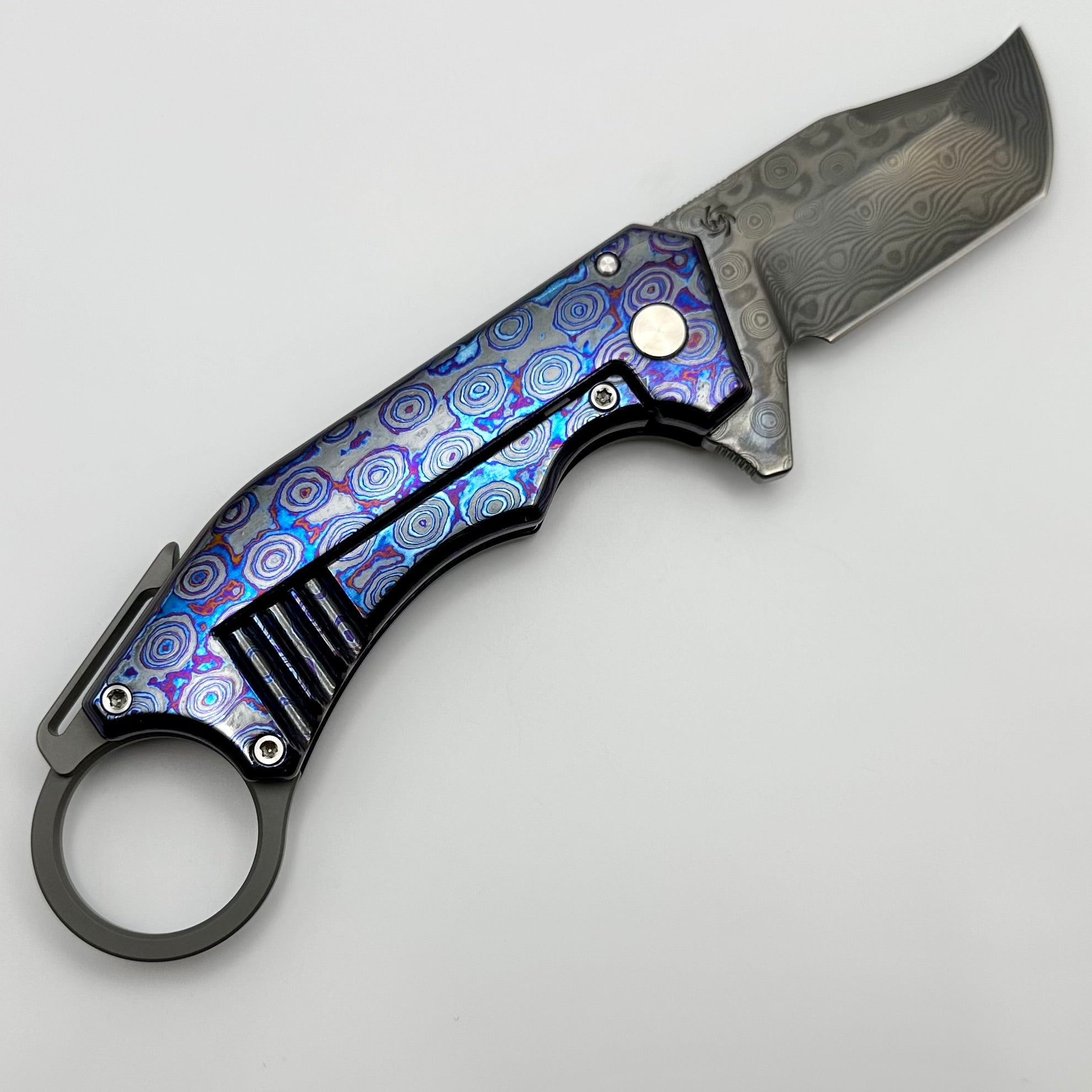 Mechforce Knives Jon Graham Collab Ringed Rhino Flipper Rose Damascus w/ Zircuti Handles