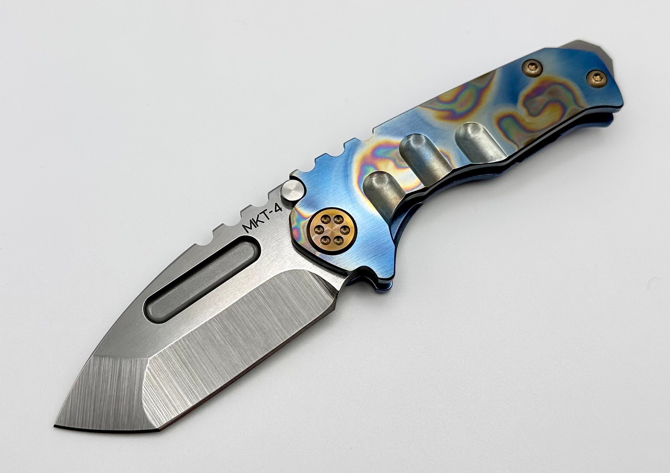 Medford Micro Praetorian T w/ S45 Tumbled Tanto & Blue Rip Curl Flamed Handles w/ Bronze Hardware