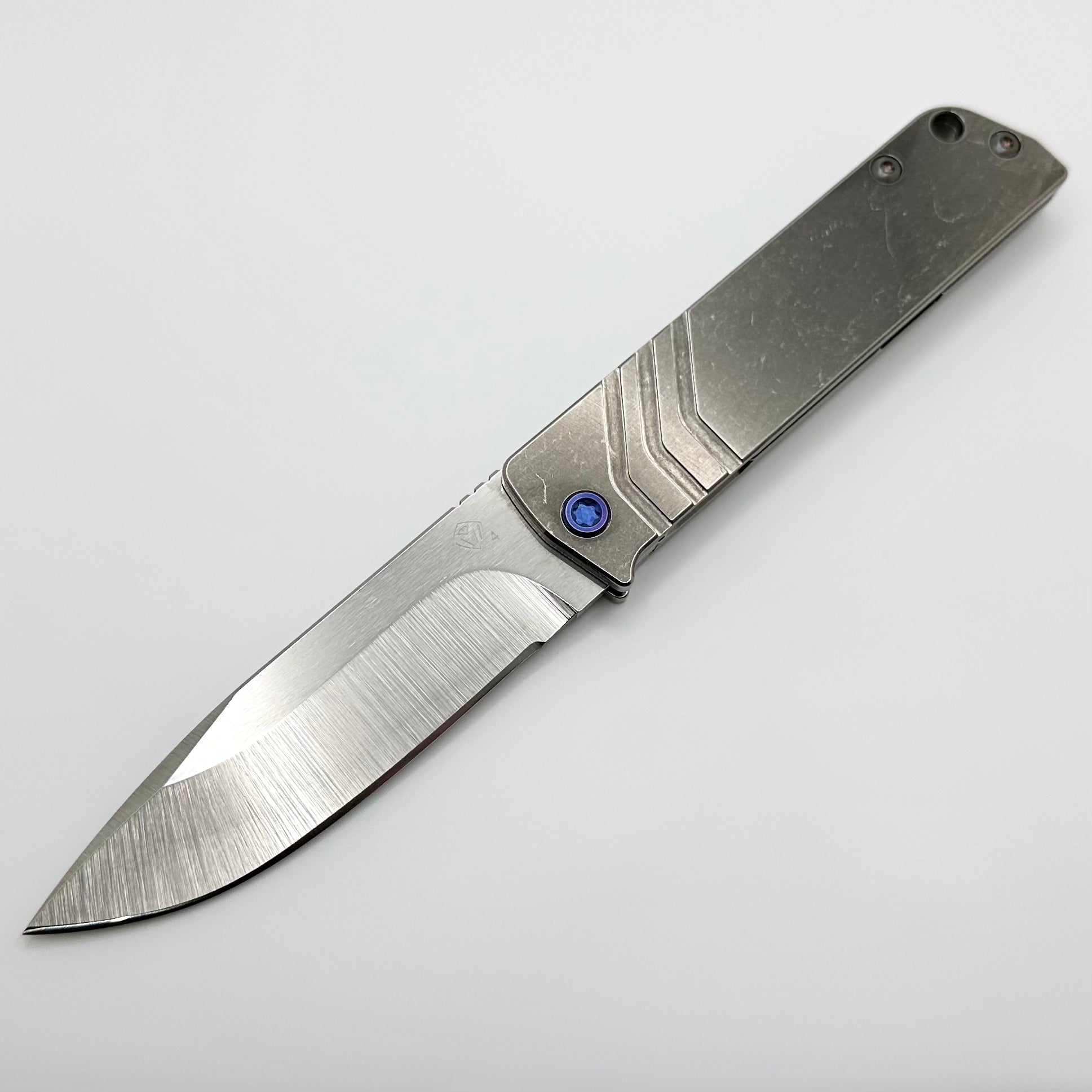 Medford Antik Front Flipper Tumbled S45 DropPoint & Tumbled Titanium Handles w/ Blue Hardware/Clip