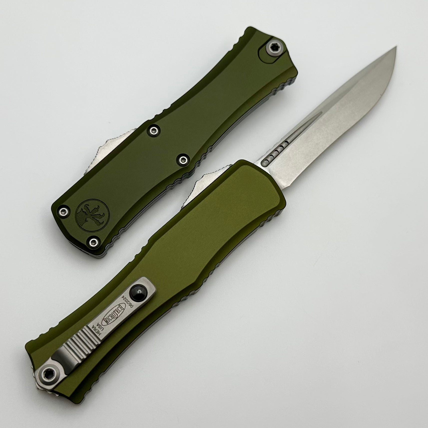 Microtech Knives Mini Hera Stonewash Recurve M390MK w/ OD Green Handle 1705M-10OD