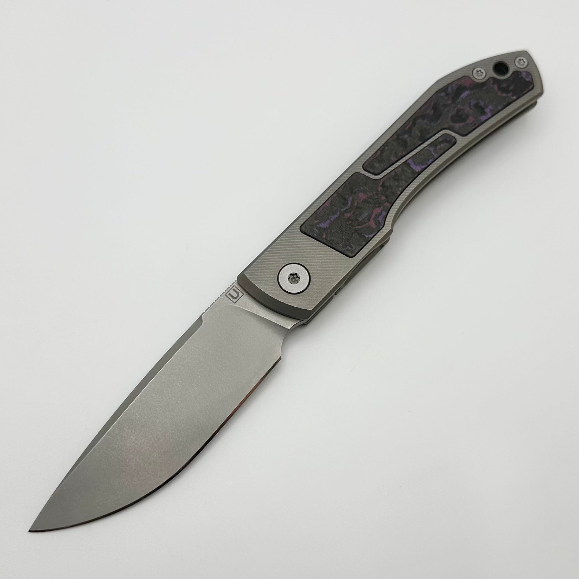 Uldanov Custom Knives Sierra w/ Milled Titanium/Purple Haze Carbon Fiber Inlays & MagnaCut Front Flipper #76