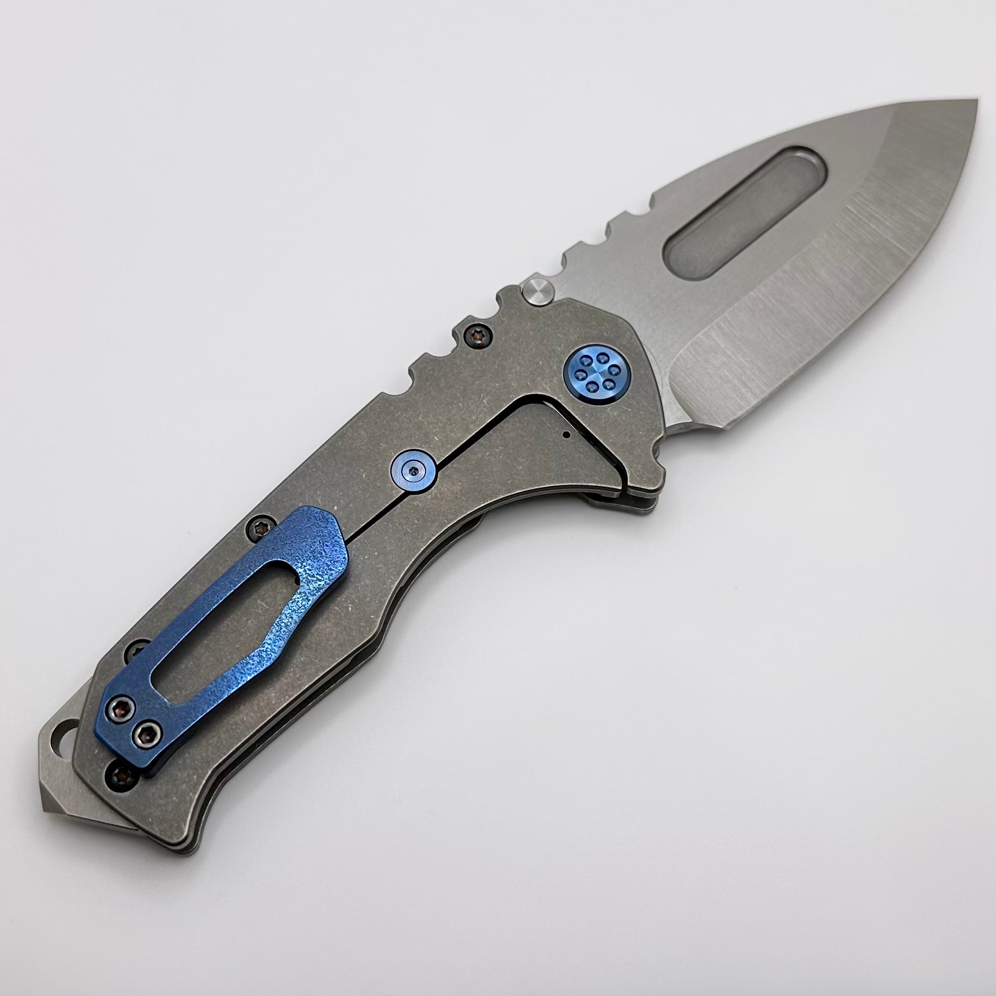 Medford Knife Praetorian T Drop Point Tumbled S45 & Tumbled Handles w/ Blue Hardware/Clip