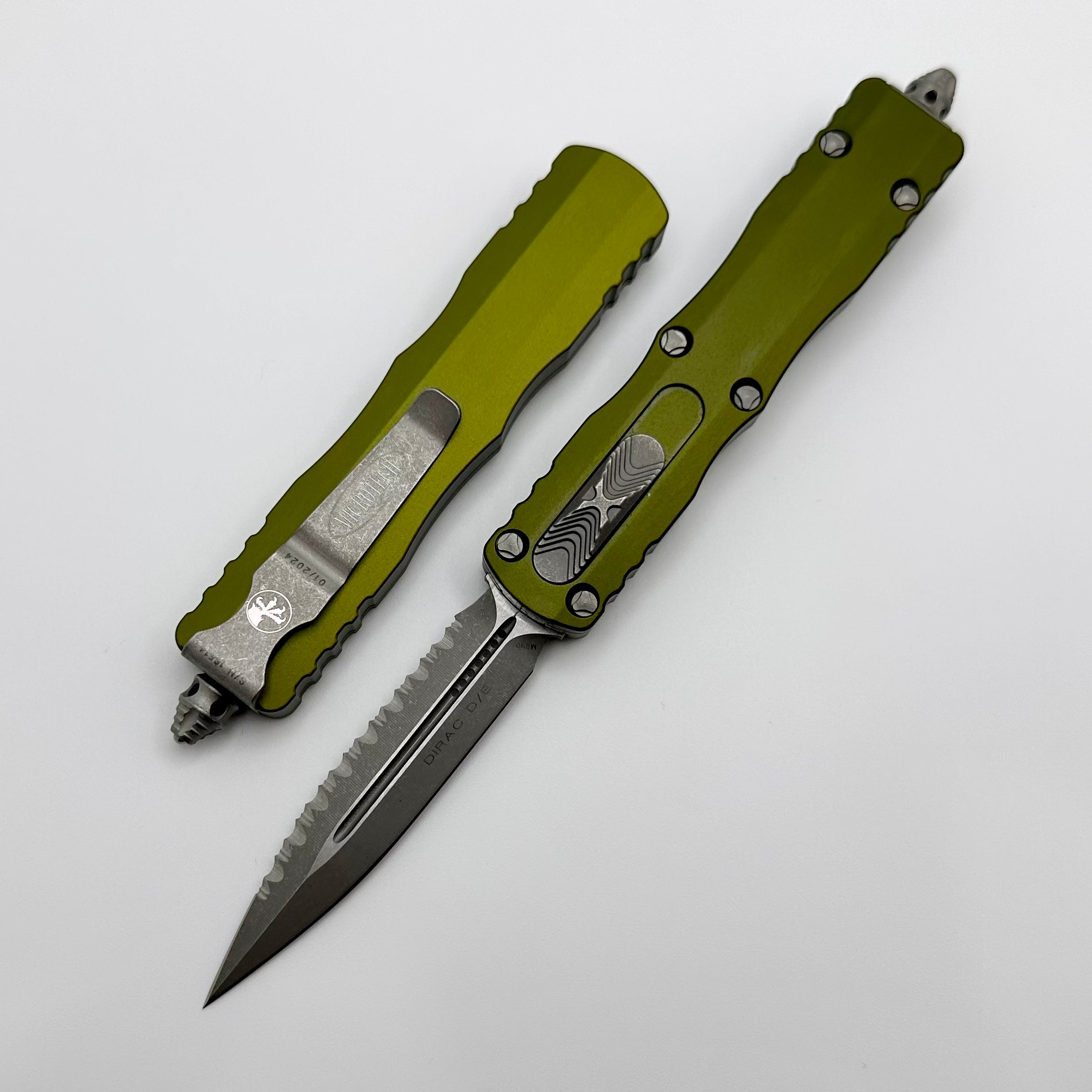 Microtech Dirac Double Edge Full Serrated Apocalyptic Standard & OD Green 225-12APOD