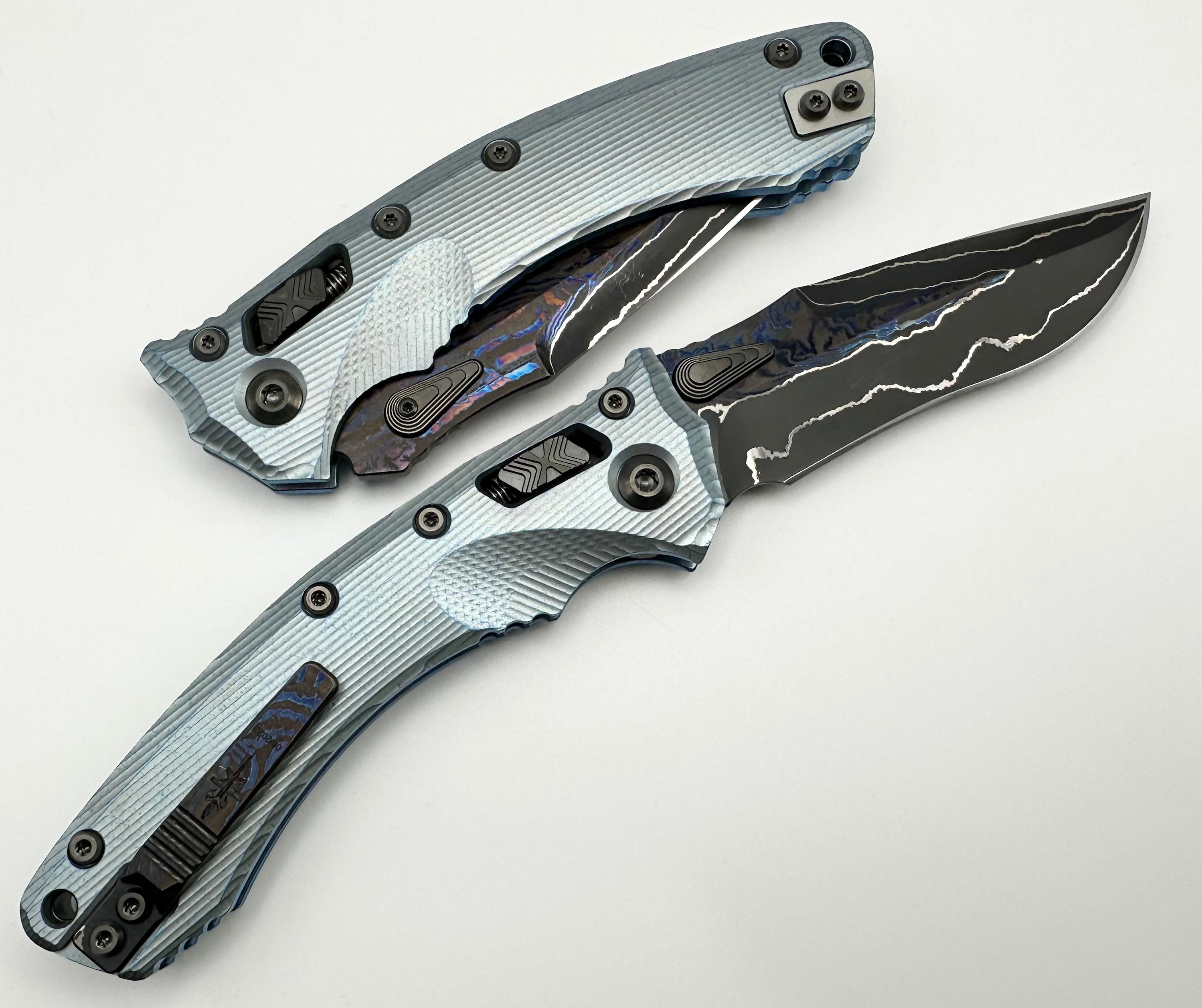 Marfione Custom Knives Amphibian RAM-LOK Brute de Forge Metroid Broken Anvil Damascus & Fluted Ice Blue Stippled Titanium