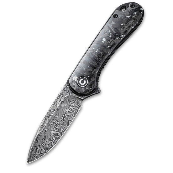 Civivi Elementum Flipper Knife - Shredded Carbon Fiber And Silvery Shred In Clear Resin Contoured Handle (2.96 Black Hand Rubbed Damascus) C 907C-DS2