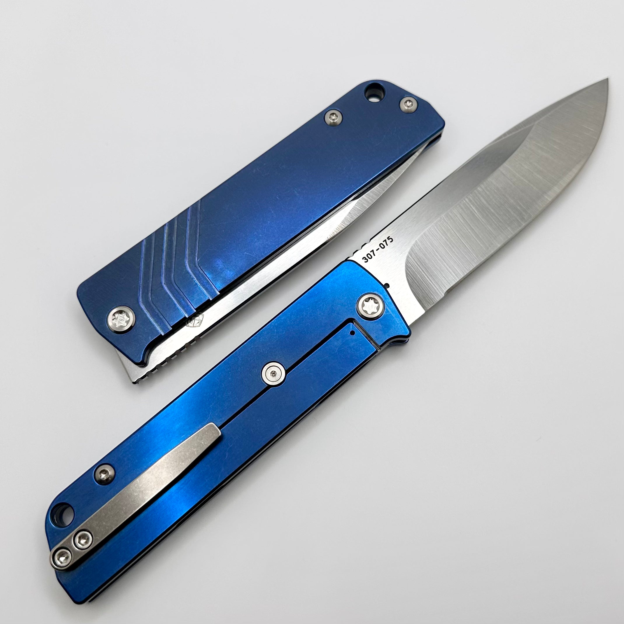 Medford Antik Front Flipper Tumbled S45 Drop Point & Blue Tumbled Titanium Handles