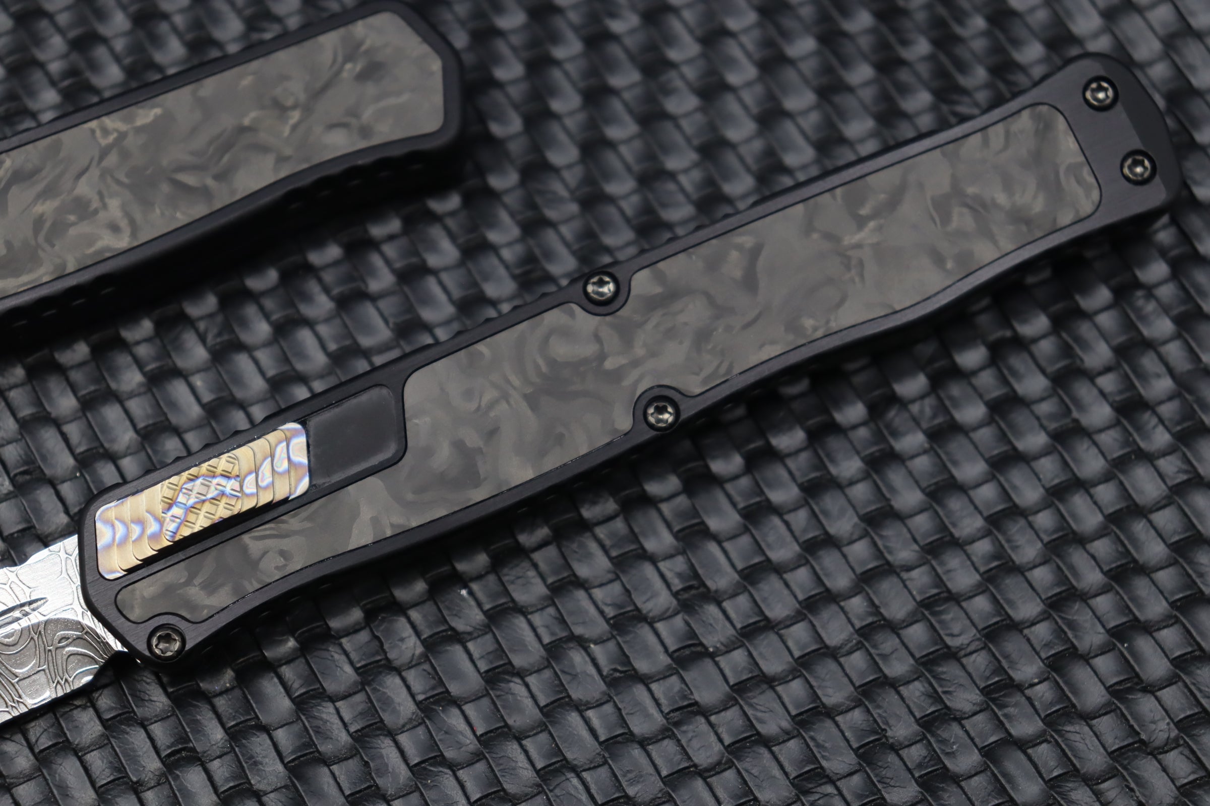 Heretic Knives Cleric II 2 Vegas Forge Damascus Tanto & Marble Carbon Fiber Inlays w/ Flamed Clip/Button