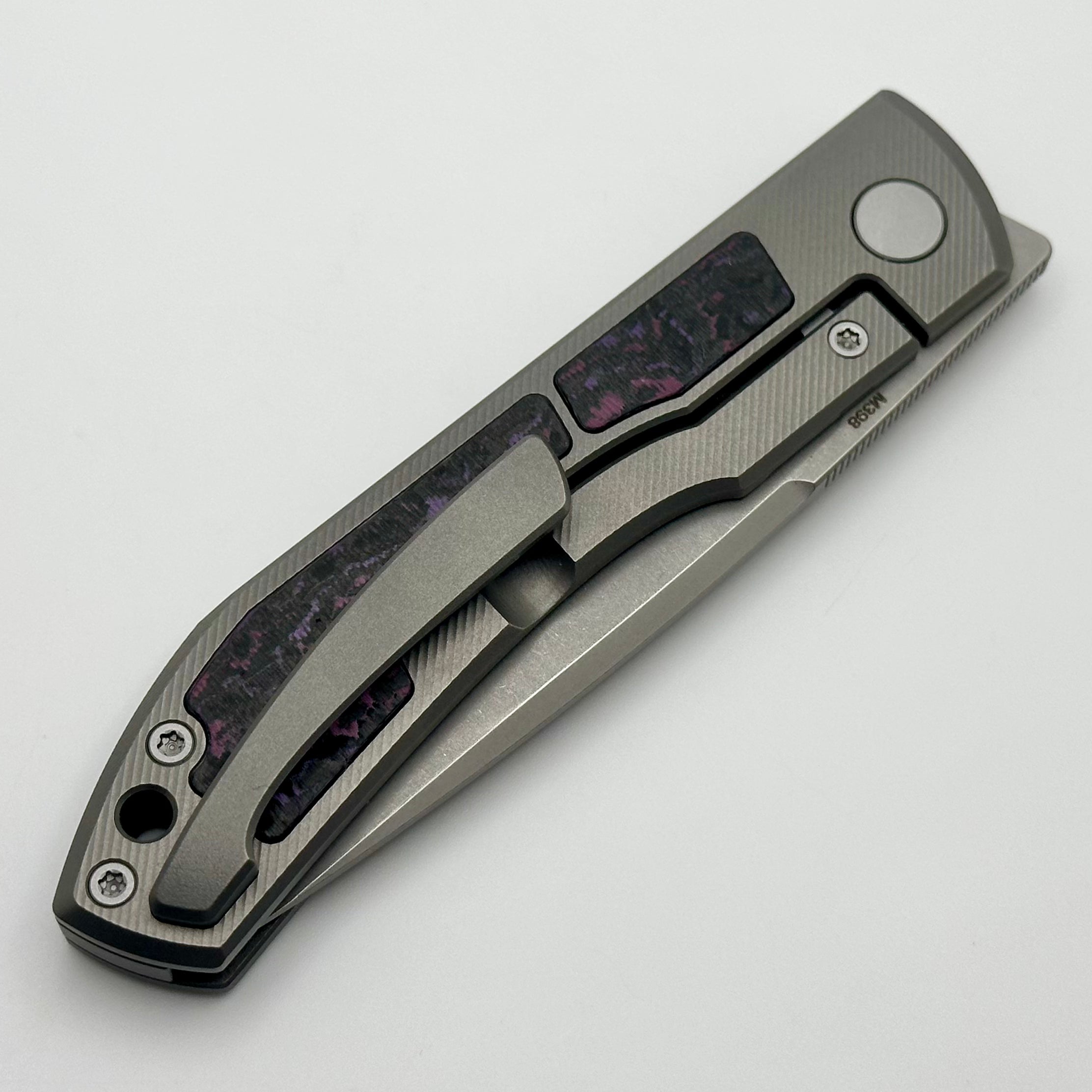 Uldanov Custom Knives Sierra w/ Milled Titanium/Purple Haze Carbon Fiber Inlays & M398 Front Flipper #69