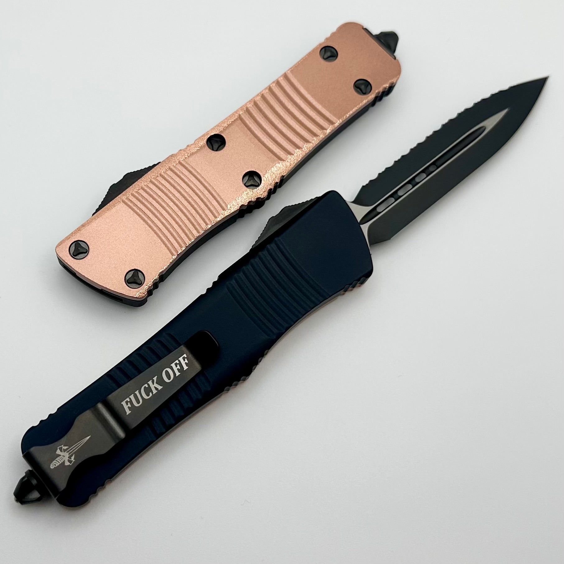 Microtech Troodon D/E Stippled Copper Top w/ DLC Full Serrated Friendly