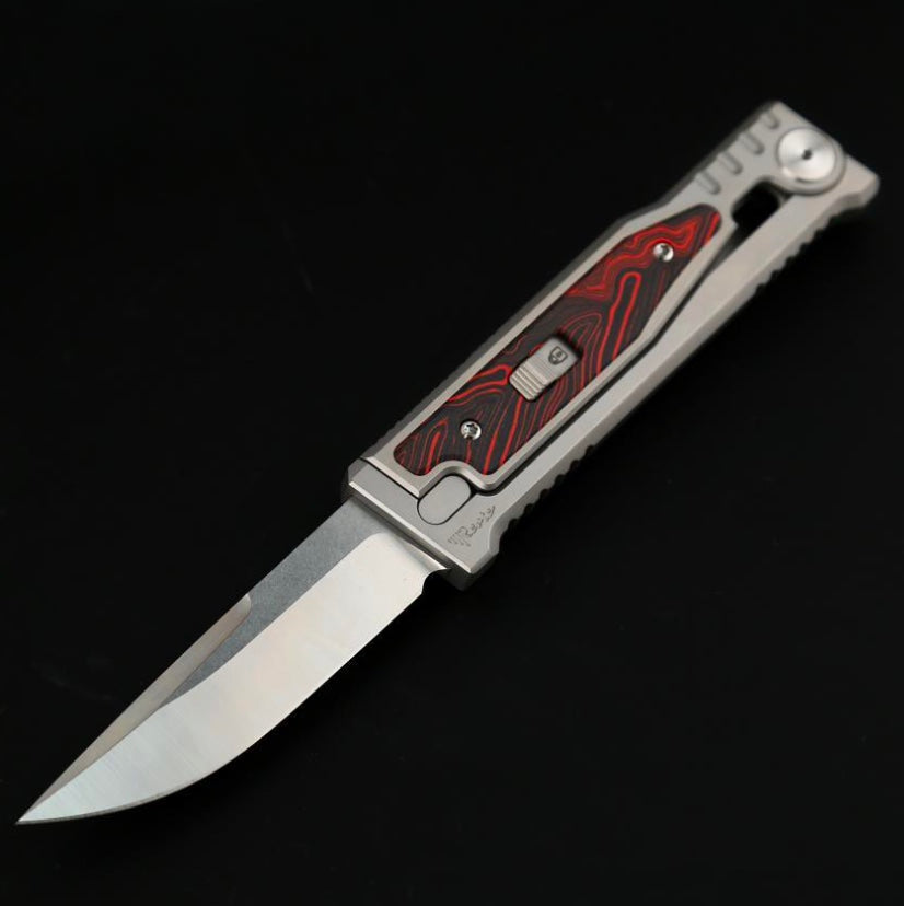 Reate EXO M Red/Black Damascus Pattern G-10 & Satin/Stonewash Drop Point