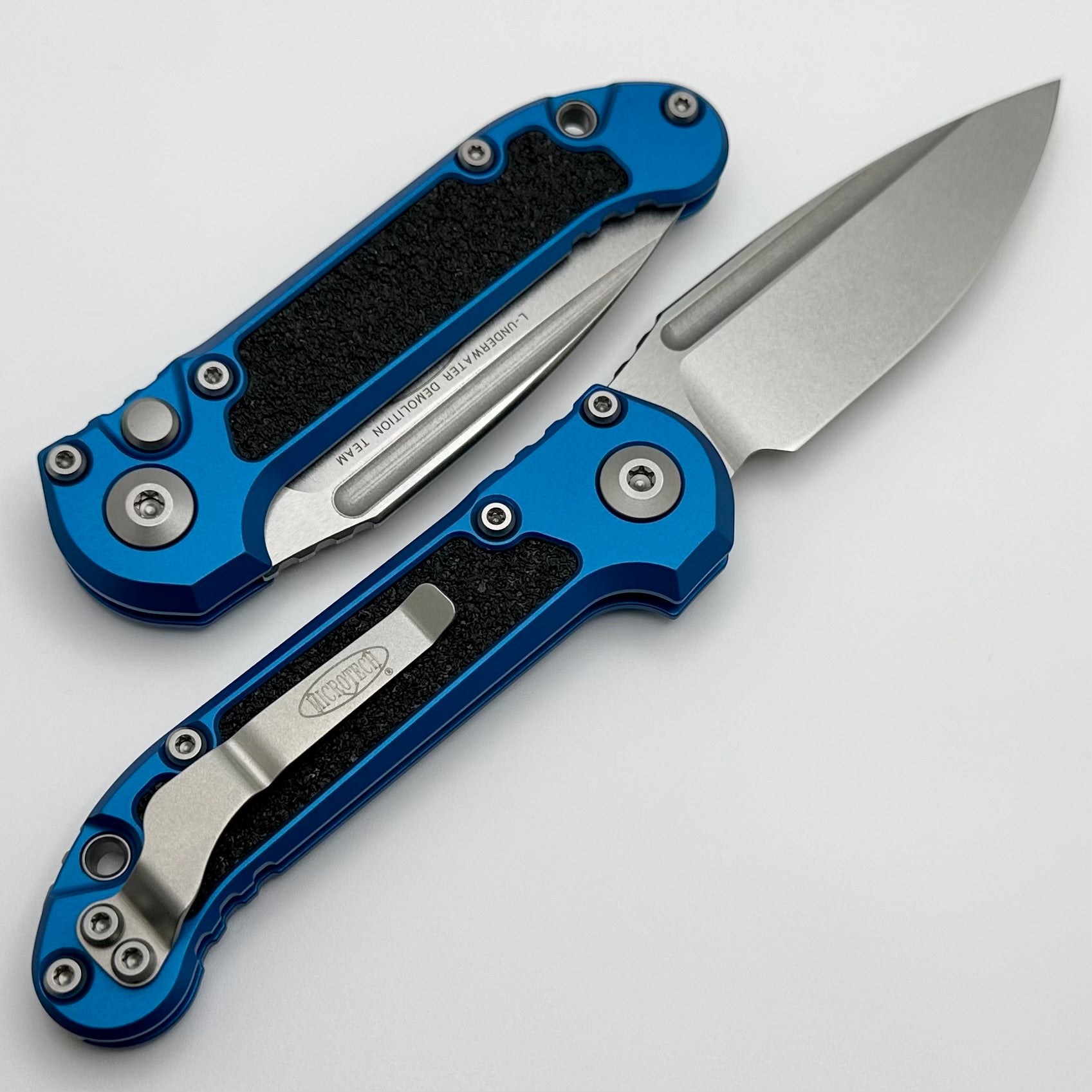 Microtech Knives LUDT Gen III Stonewash Drop Point w/ Blue Handle 1135-10BL