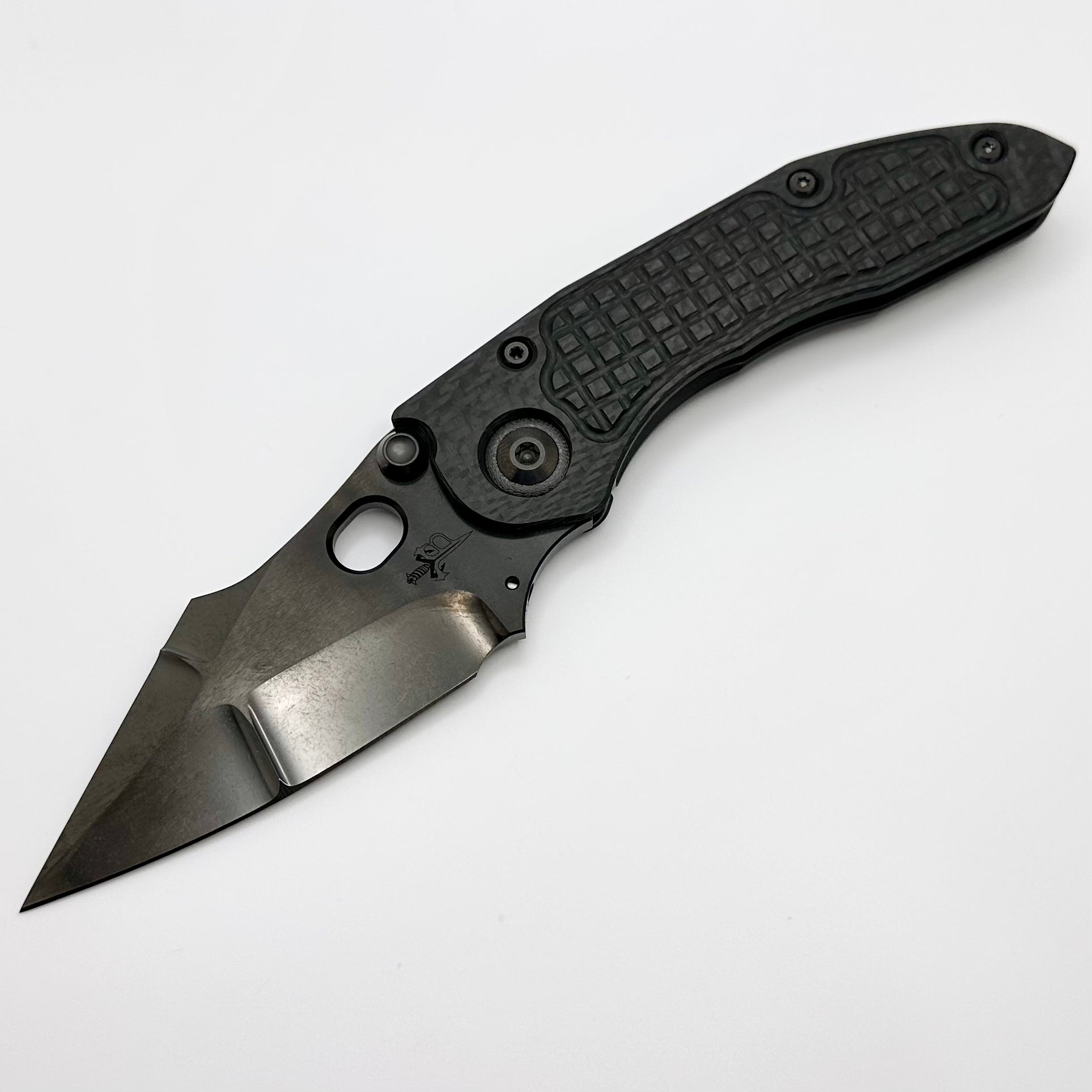 Marfione Custom Knives & Borka Blades Blackout Frag Carbon Fiber w/ DLC Cracked Diamond Wash Double Star Grind M390