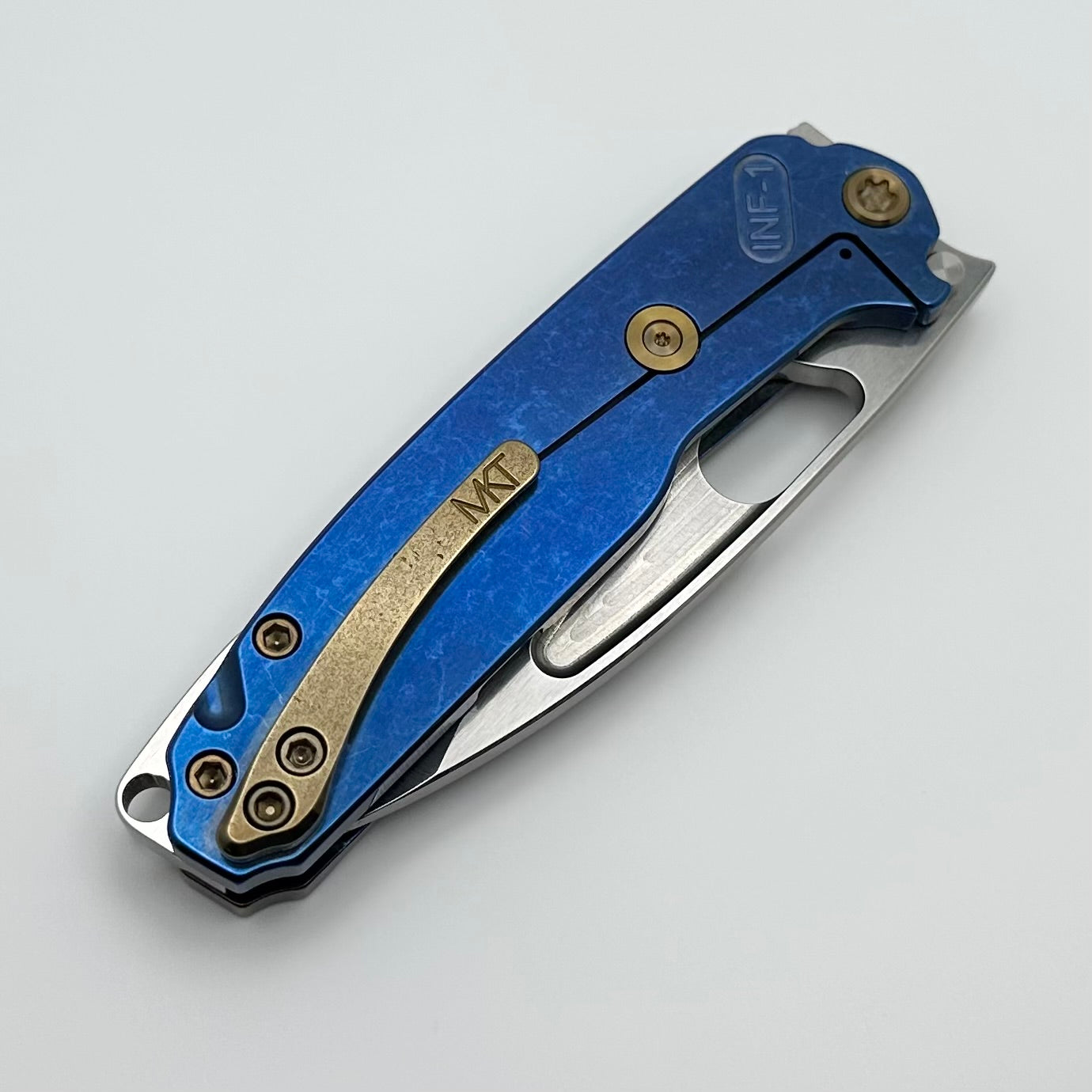 Medford Knife Infraction Tumbled S45 & Acid Etch Flamed/Blue Tumbled Handles w/ Bronze Hardware