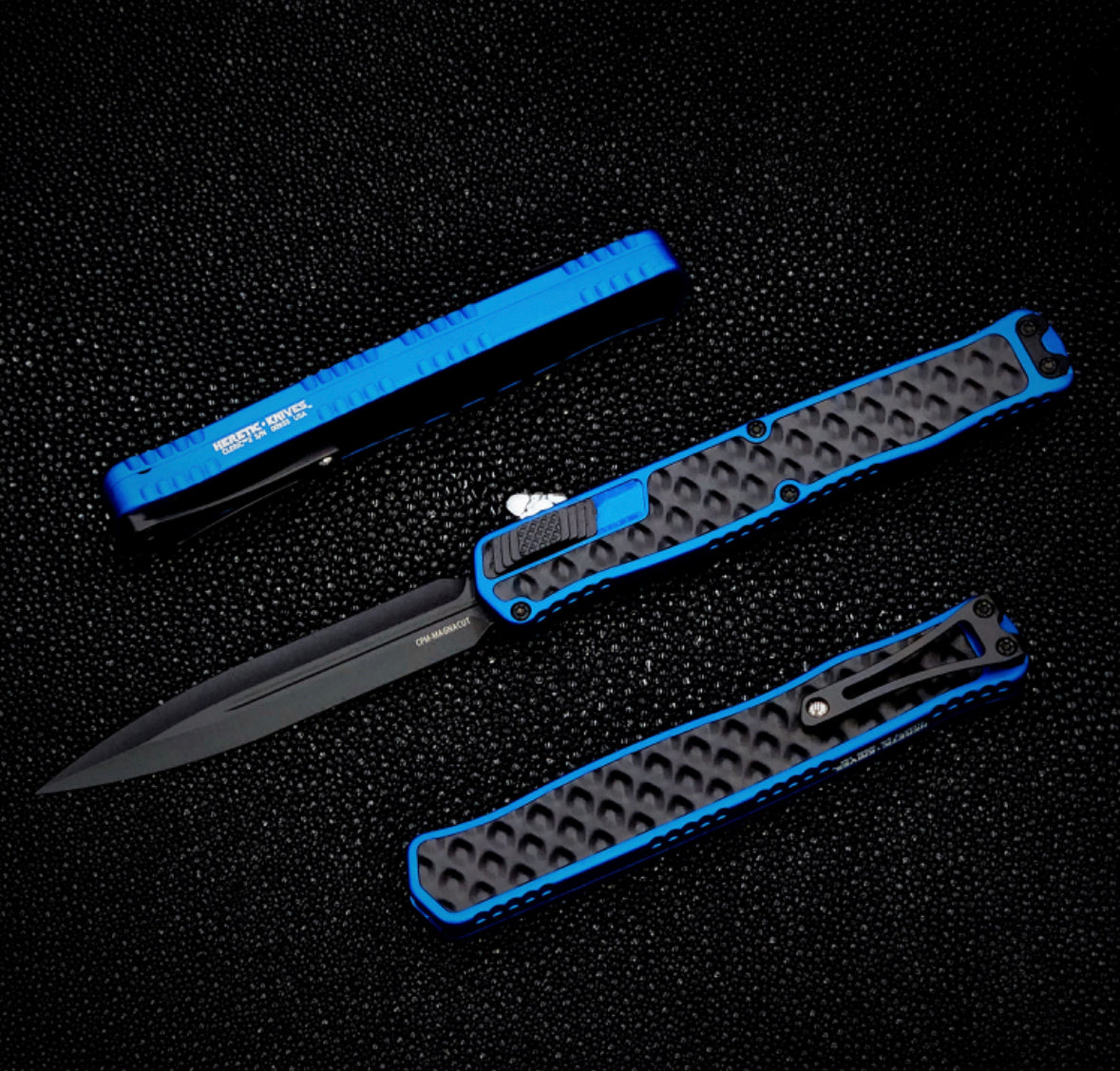 Heretic Knives Cleric II 2 Black Double Edge Magnacut w/ Blue & Black Stainless Bubble Inlays