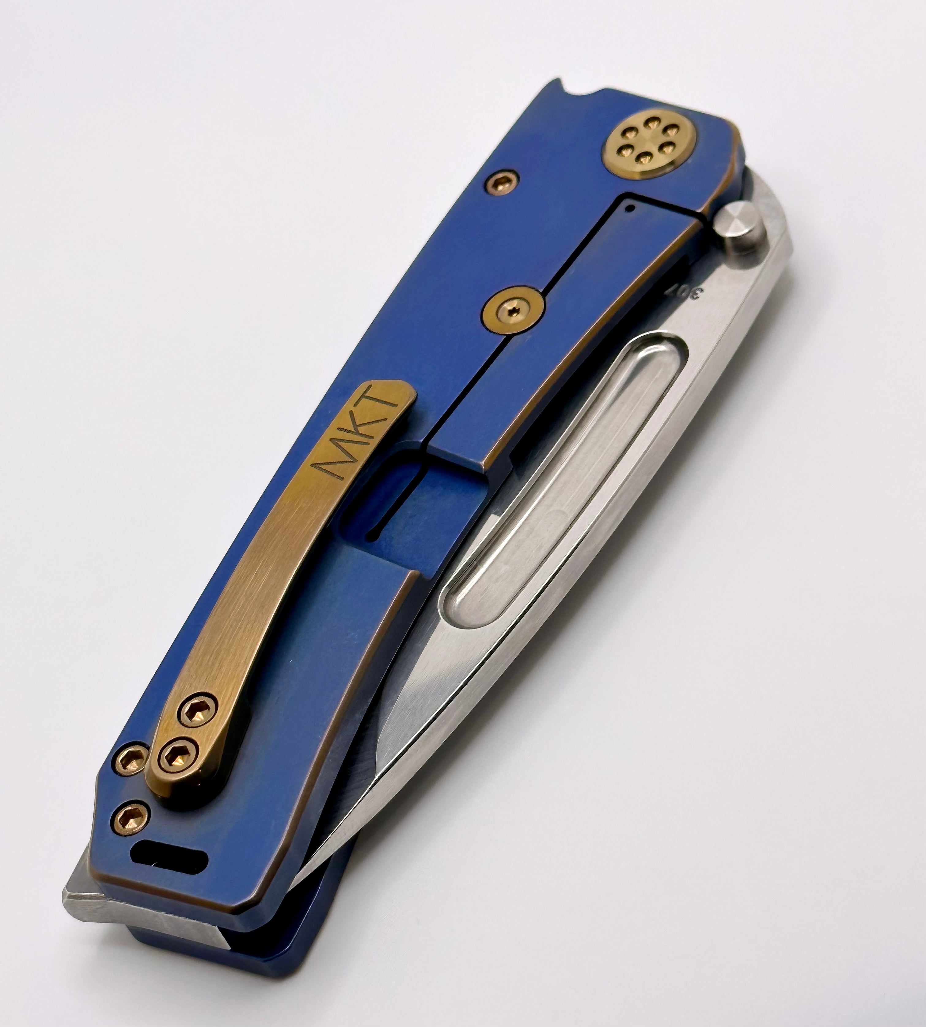 Medford Marauder H Old School Blue w/ Bronze Pinstripe Handles w/ Bronze Hardware/Clip & S45VN Tumbled Drop Point