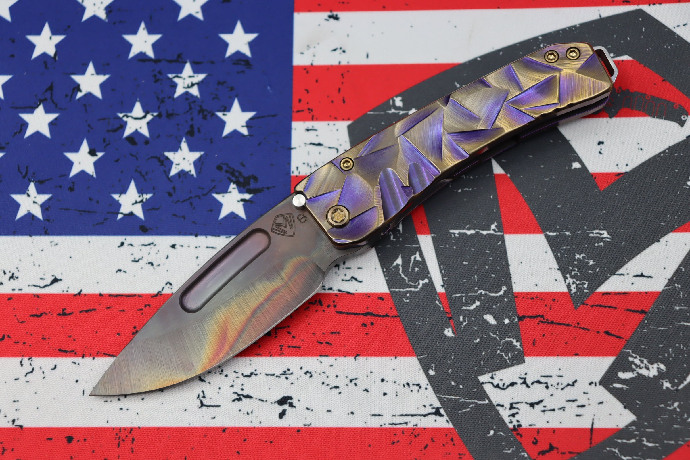 Medford Midi Marauder Vulcan S35 Drop Point & Violet w/ Bronze Stained Glass Sculpted Handles w/ Bronze Hardware/Clip