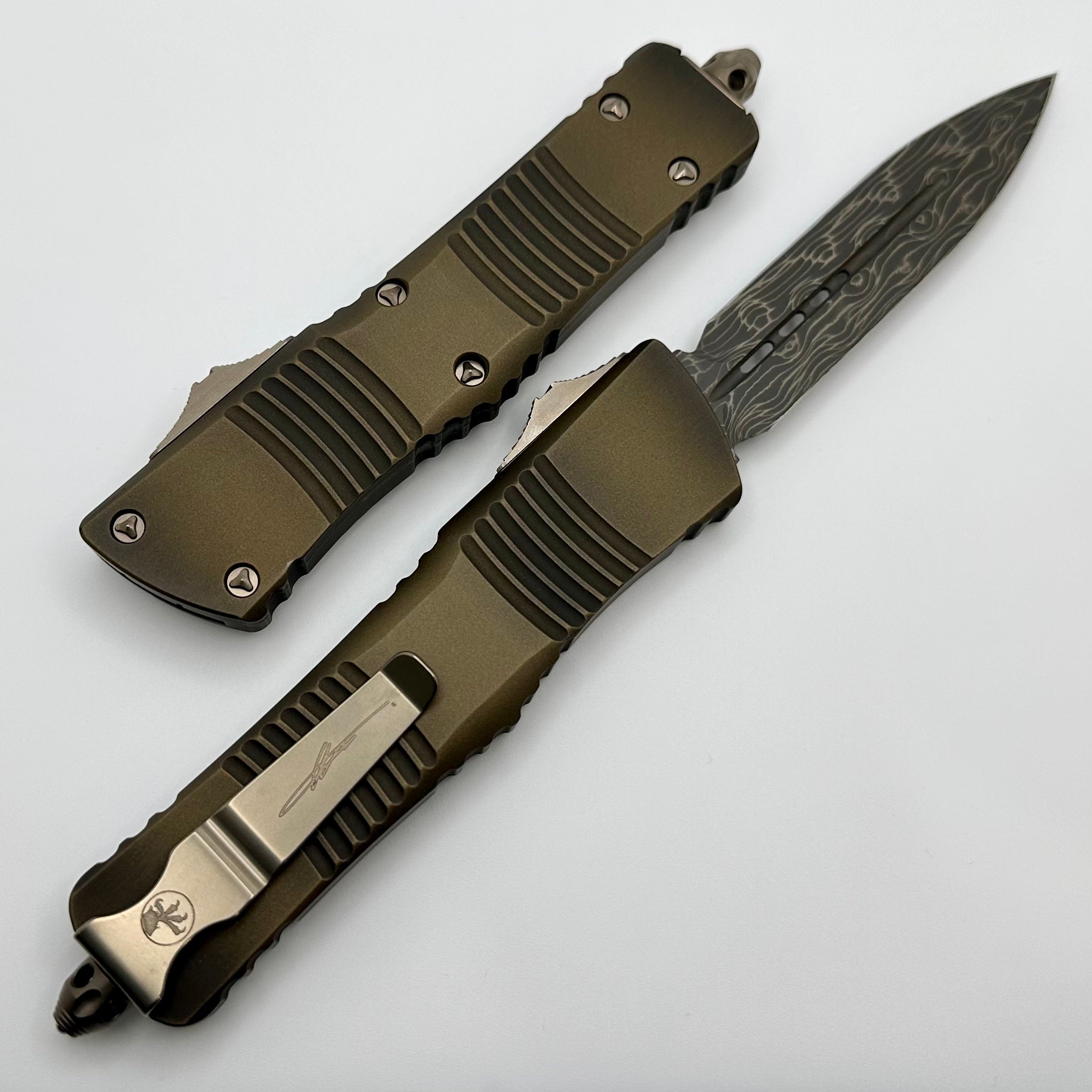 Microtech Combat Troodon Antique Bronze w/ Bronzed Damascus Double Edge & Bronze Low Polished Hardware Signature Series 142-16BZABLPS