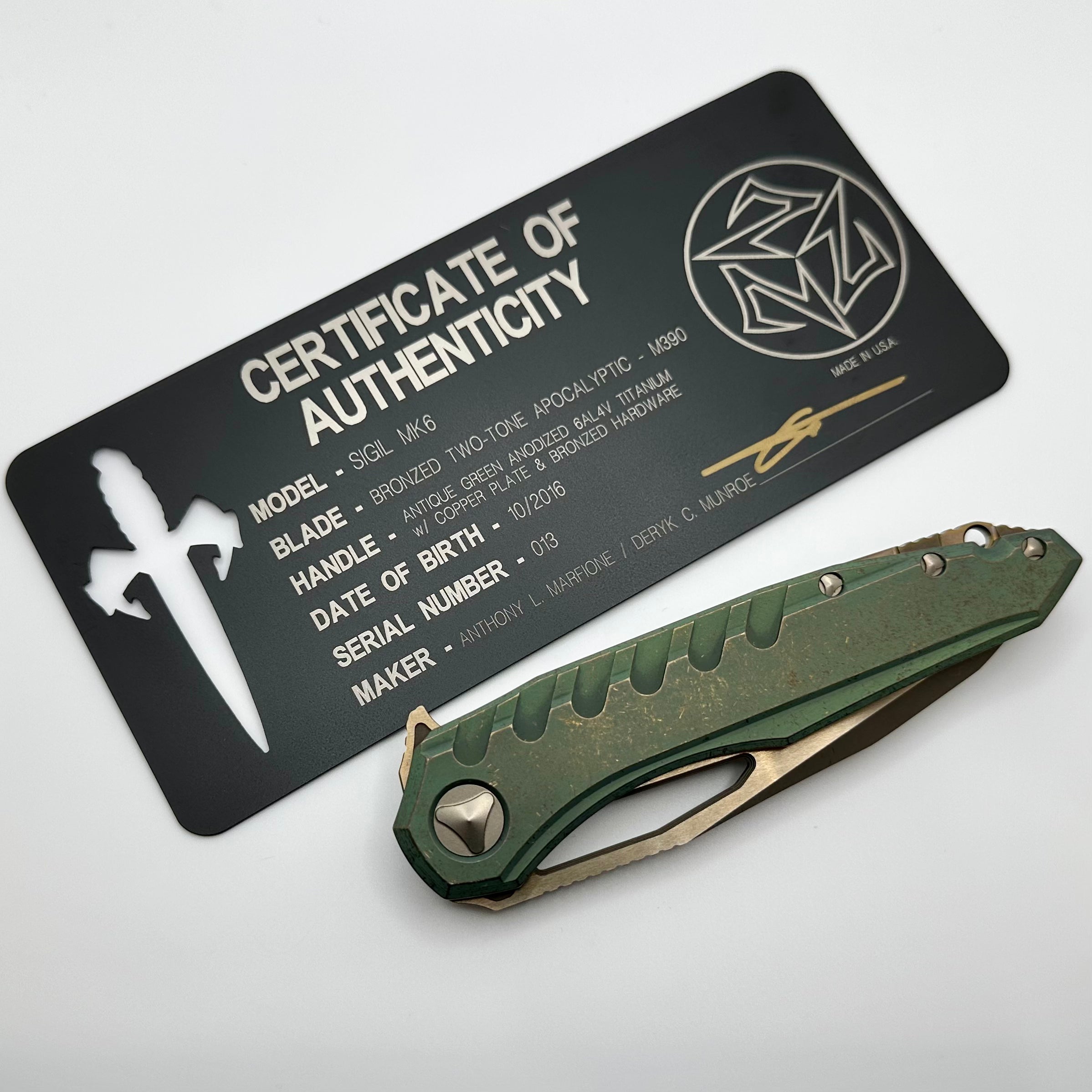 Marfione Custom Knives Sigil MK6 Antique Green & Bronzed Two-Tone Apocalyptic PRE OWNED S/N 013