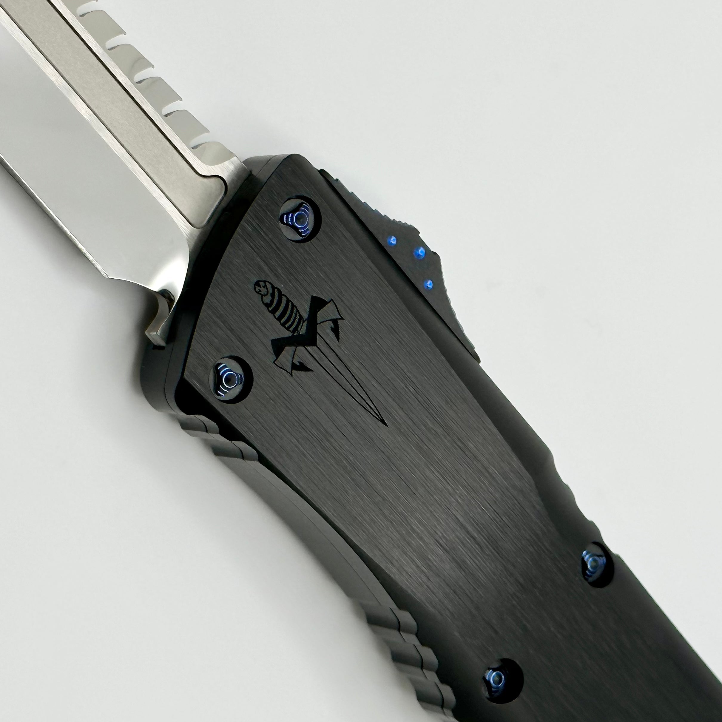 Marfione Custom Knives Combat Troodon Interceptor Mirror Polish w/ Hefted Black Handle & Blue Ringed Hardware