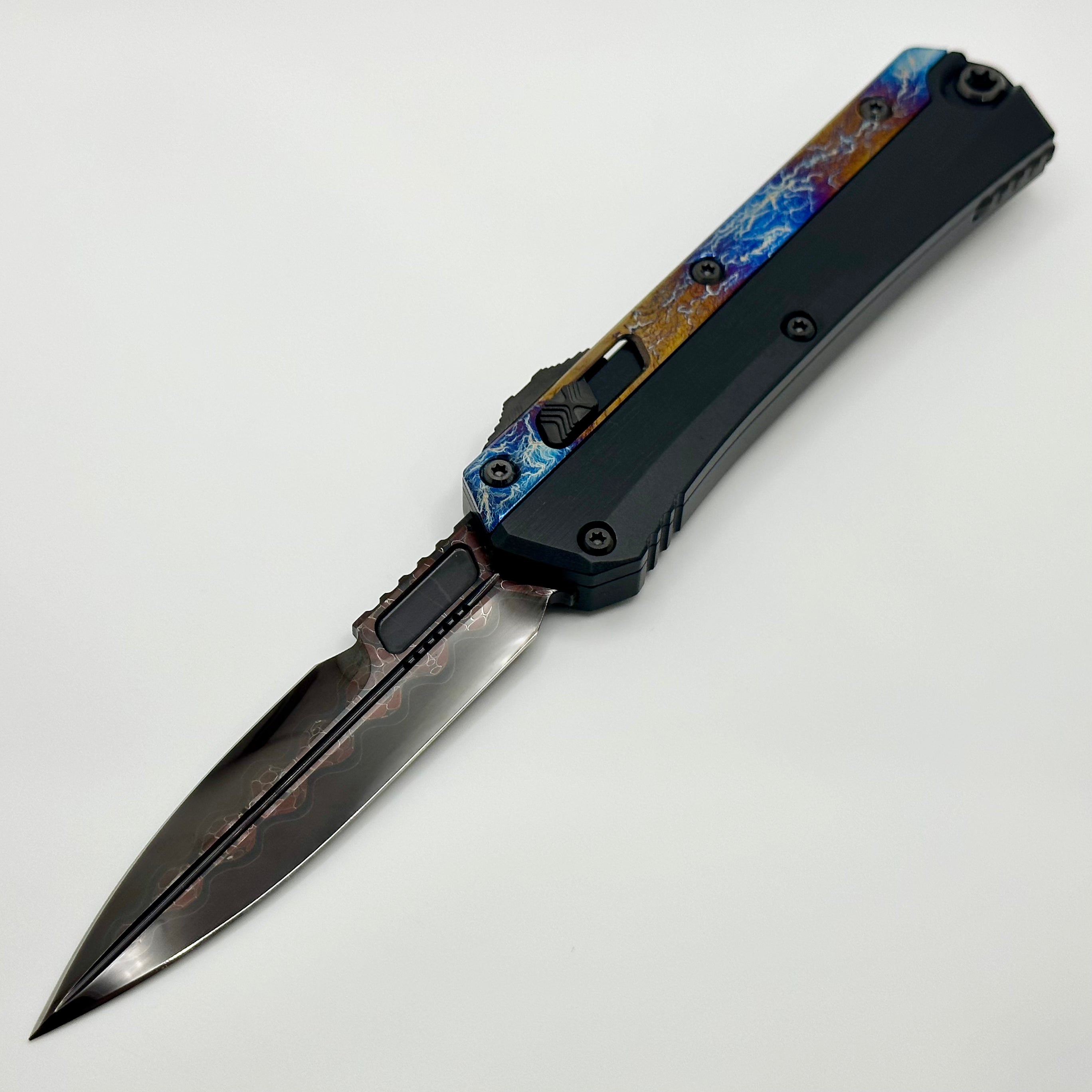 Marfione Custom Knives Glykon Hot Blued Bertie Rietveld Ball Bearing San Mai Damascus w/ Galactic Acid Overlays